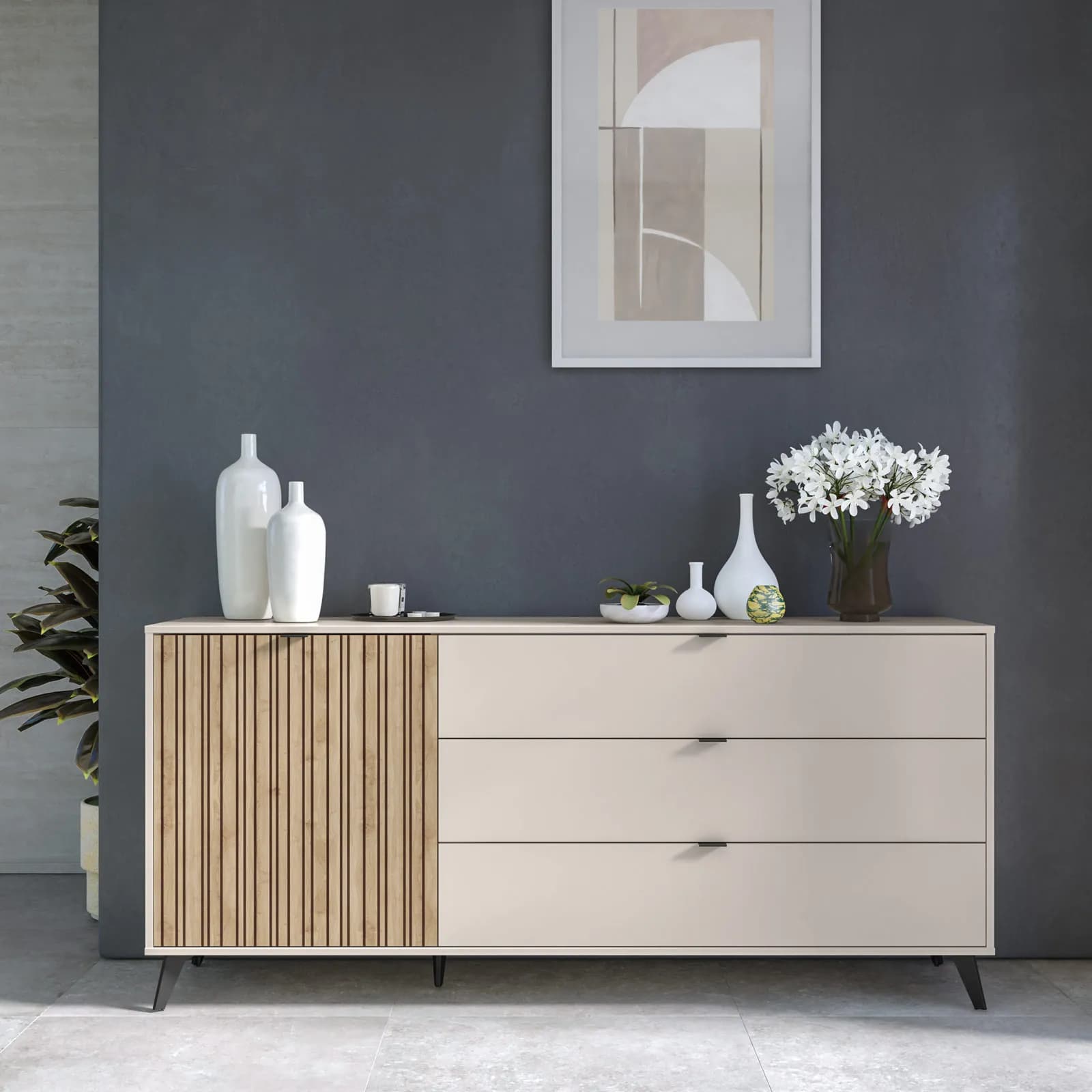 Madia 183x83h cm cashmere con 3 cassetti e 1 anta effetto cannettato rovere - Irina