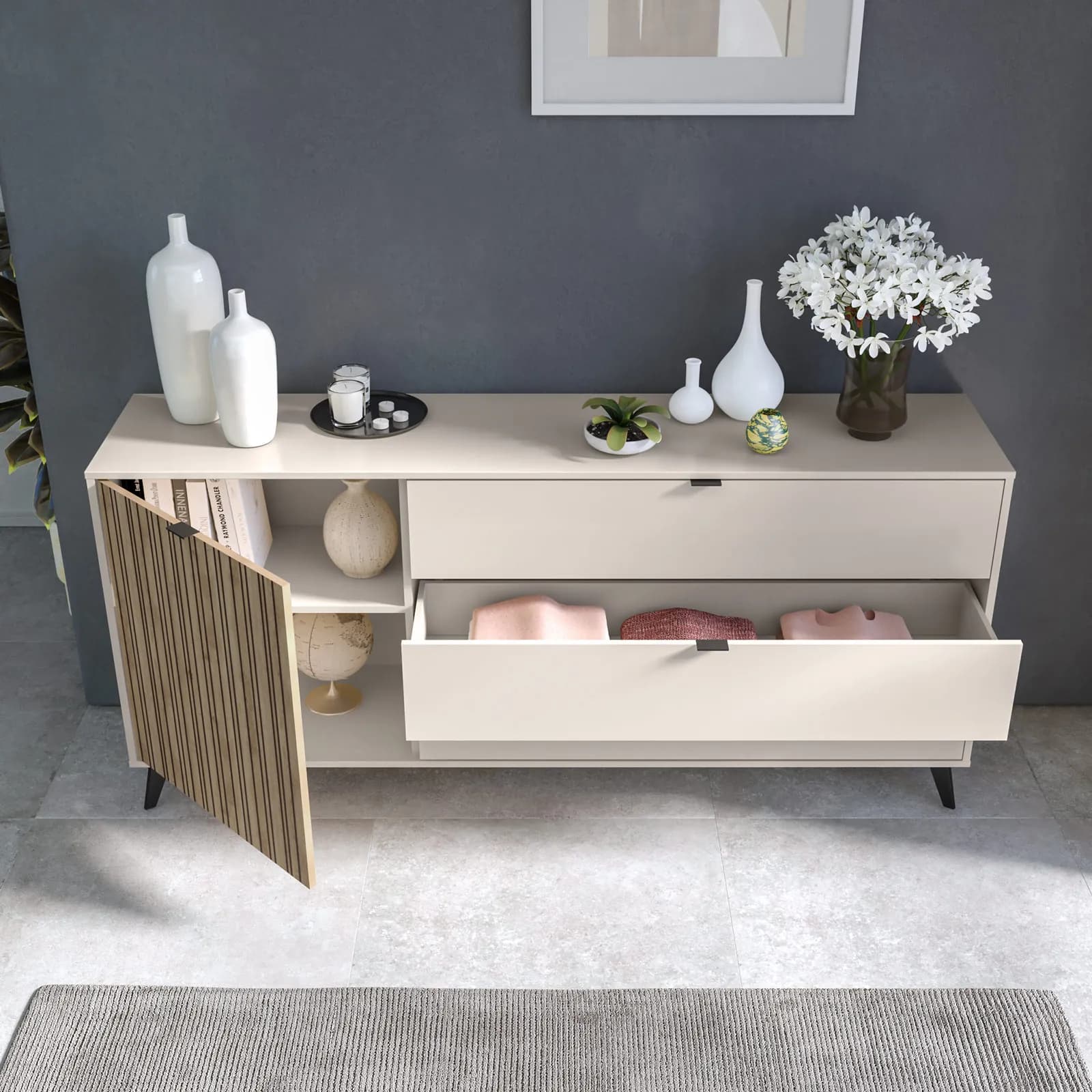 Madia 183x83h cm cashmere con 3 cassetti e 1 anta effetto cannettato rovere - Irina