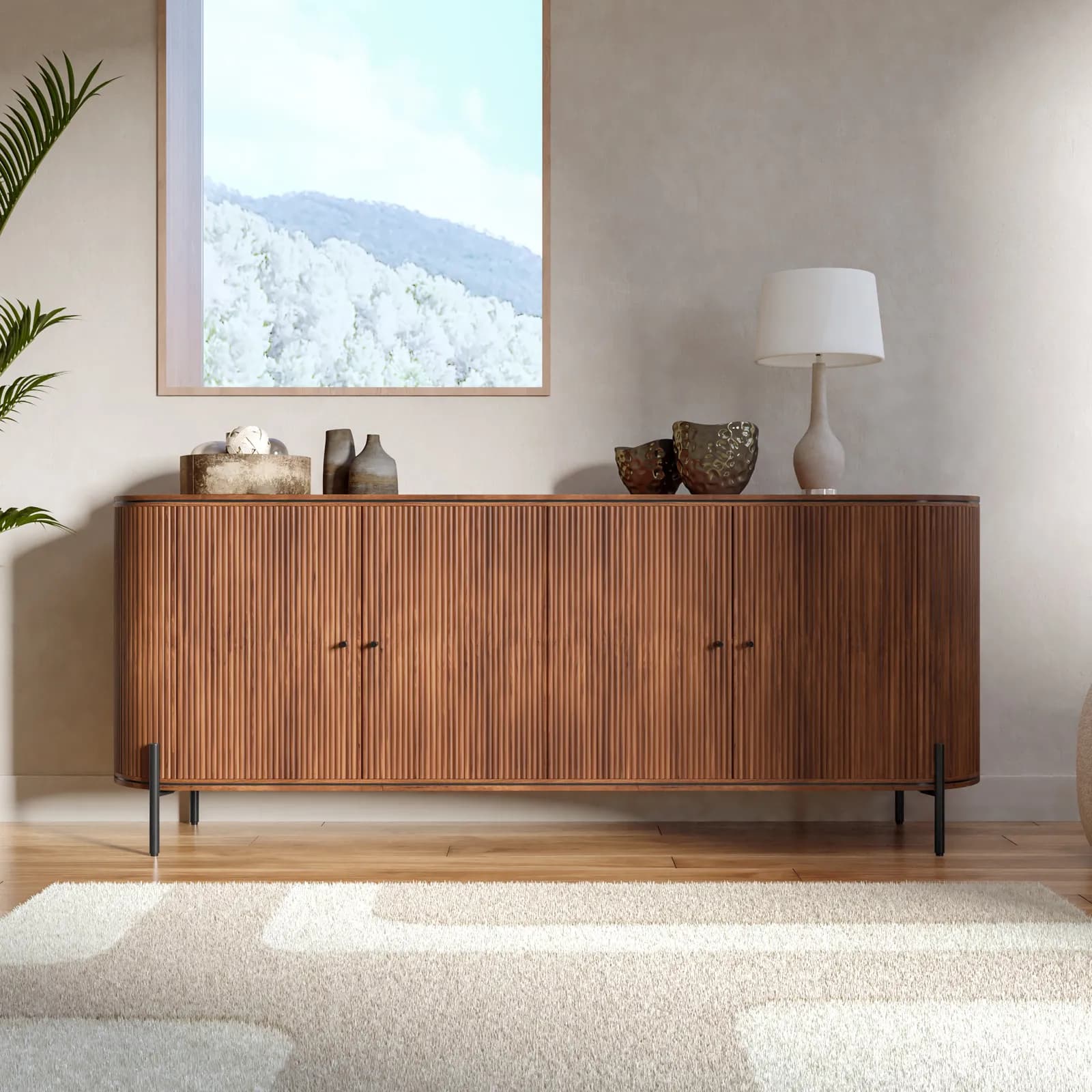 Madia 200x80h cm in legno di mango scuro cannettato con 4 ante - Breton