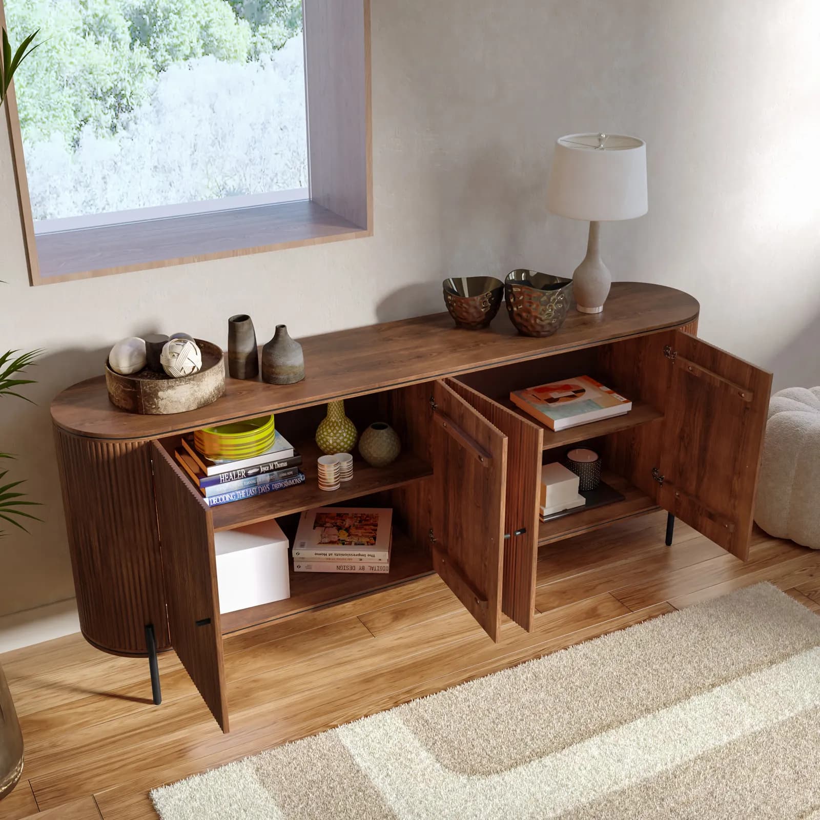Madia 200x80h cm in legno di mango scuro cannettato con 4 ante - Breton