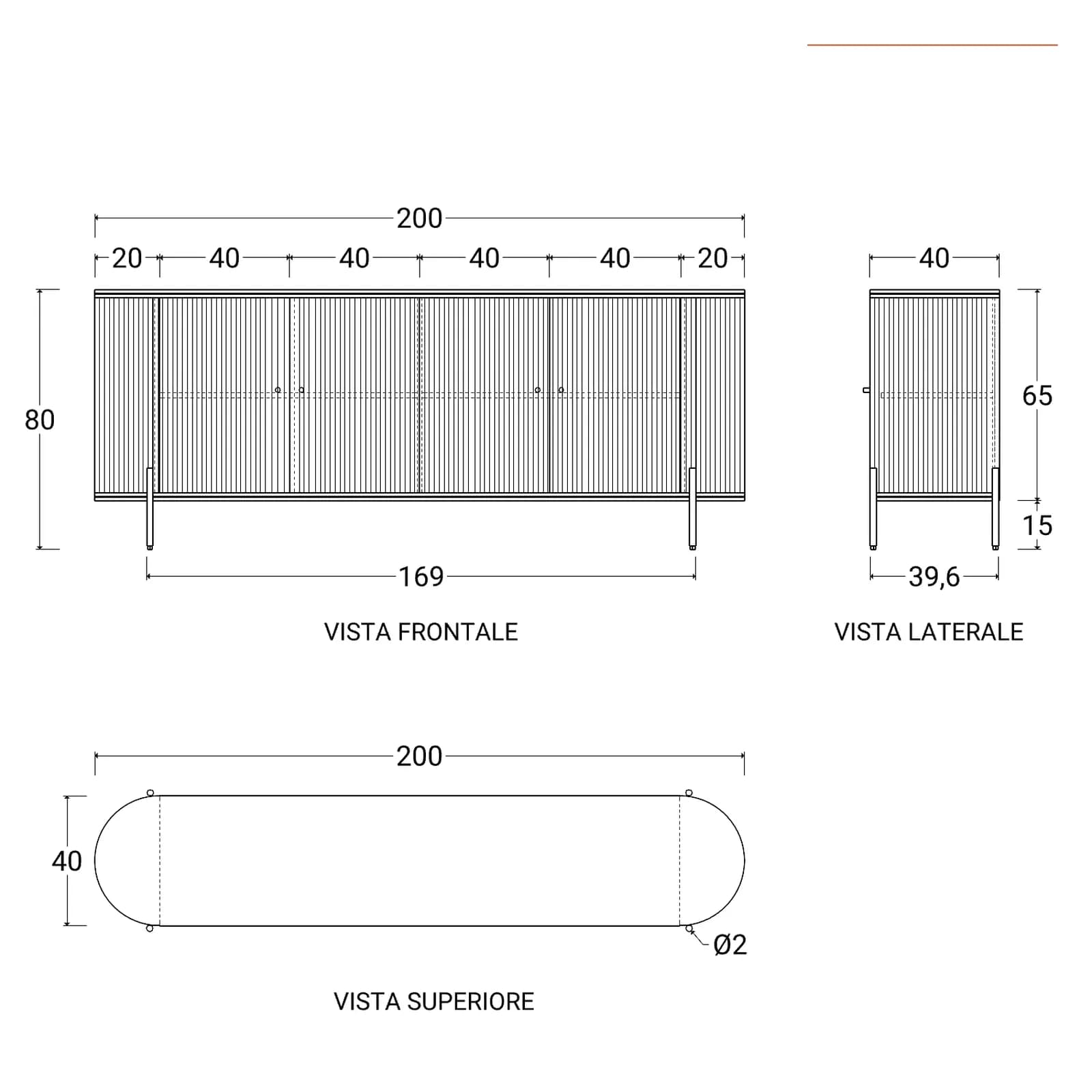 Madia 200x80h cm in legno di mango scuro cannettato con 4 ante - Breton