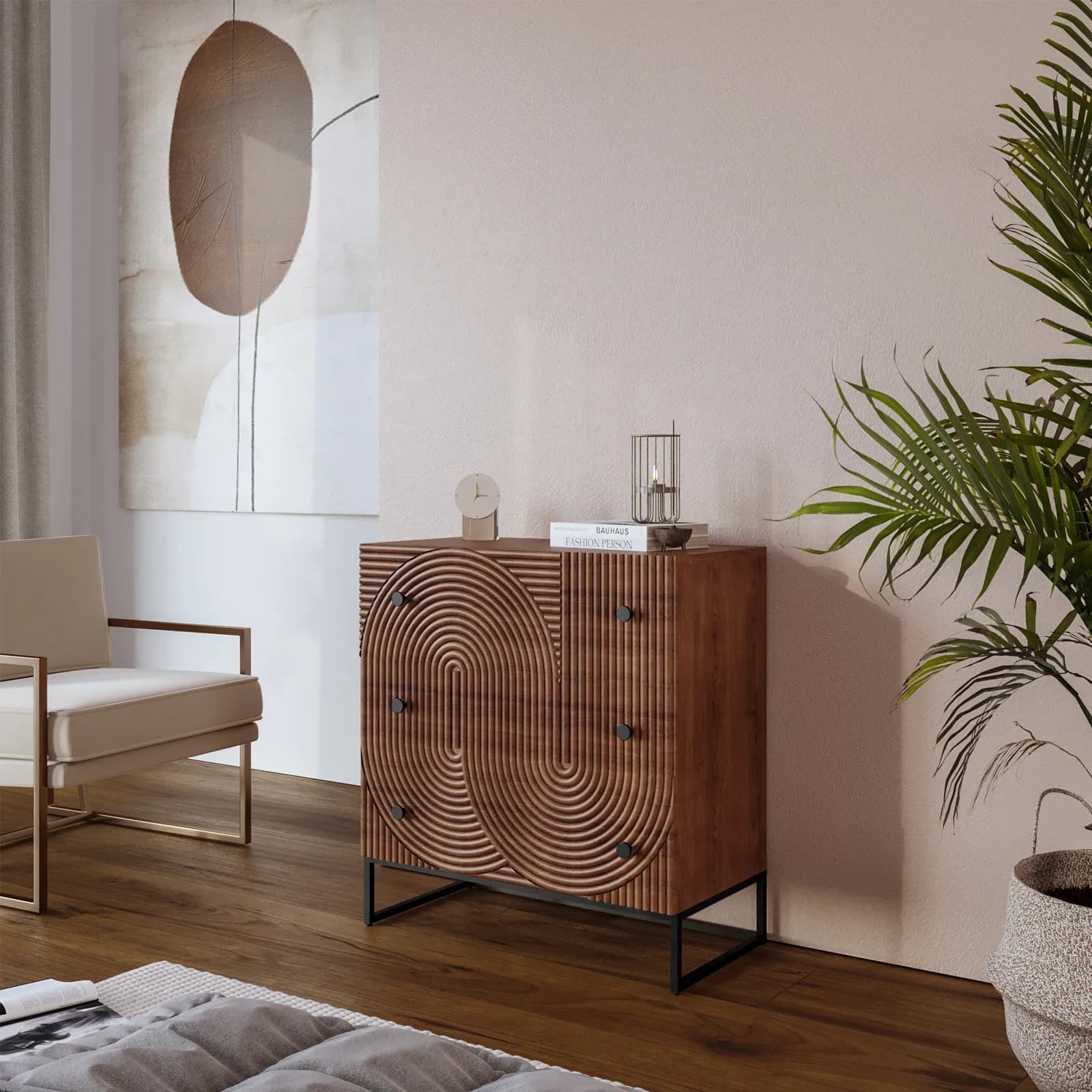 Cassettiera 75x80h cm con 3 cassetti in legno di mango cannettato - Alisha