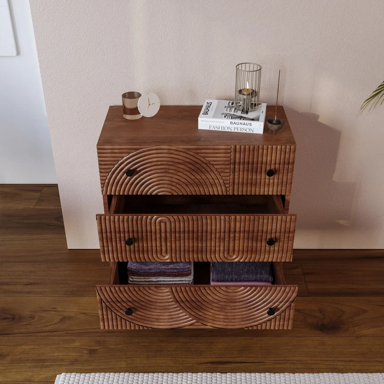 Cassettiera 75x80h cm con 3 cassetti in legno di mango cannettato - Alisha