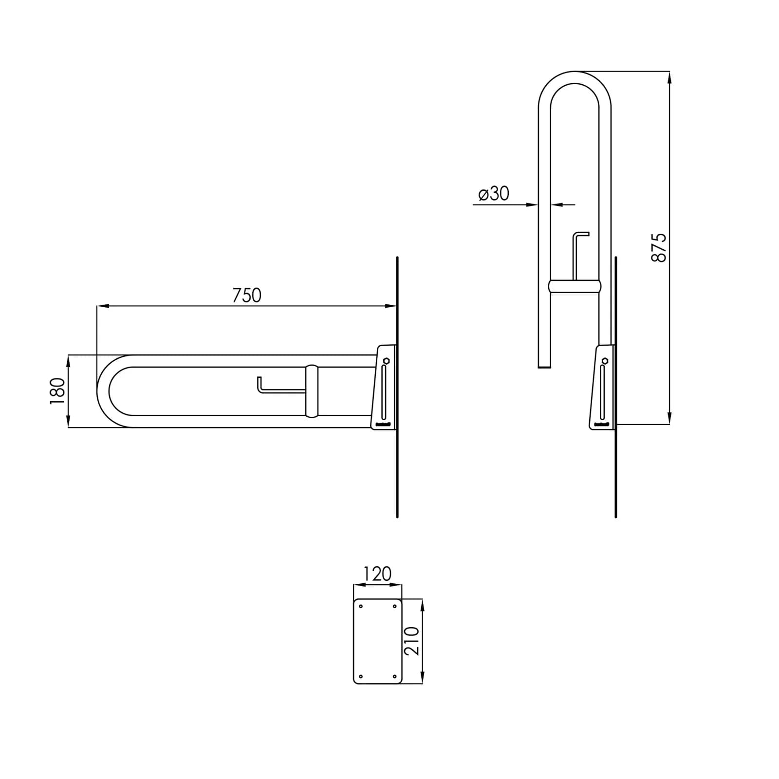 Maniglione di sicurezza ribaltabile da 75 cm bianco autobloccante con portarotolo