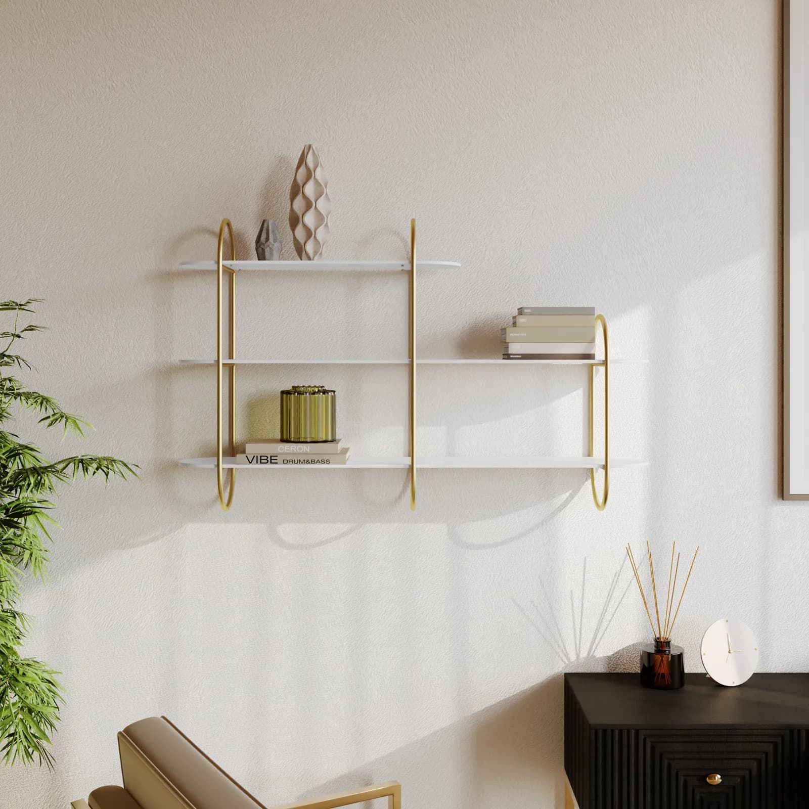 Mensola 80x15 cm in metallo oro e bianco con 3 ripiani - Clavis