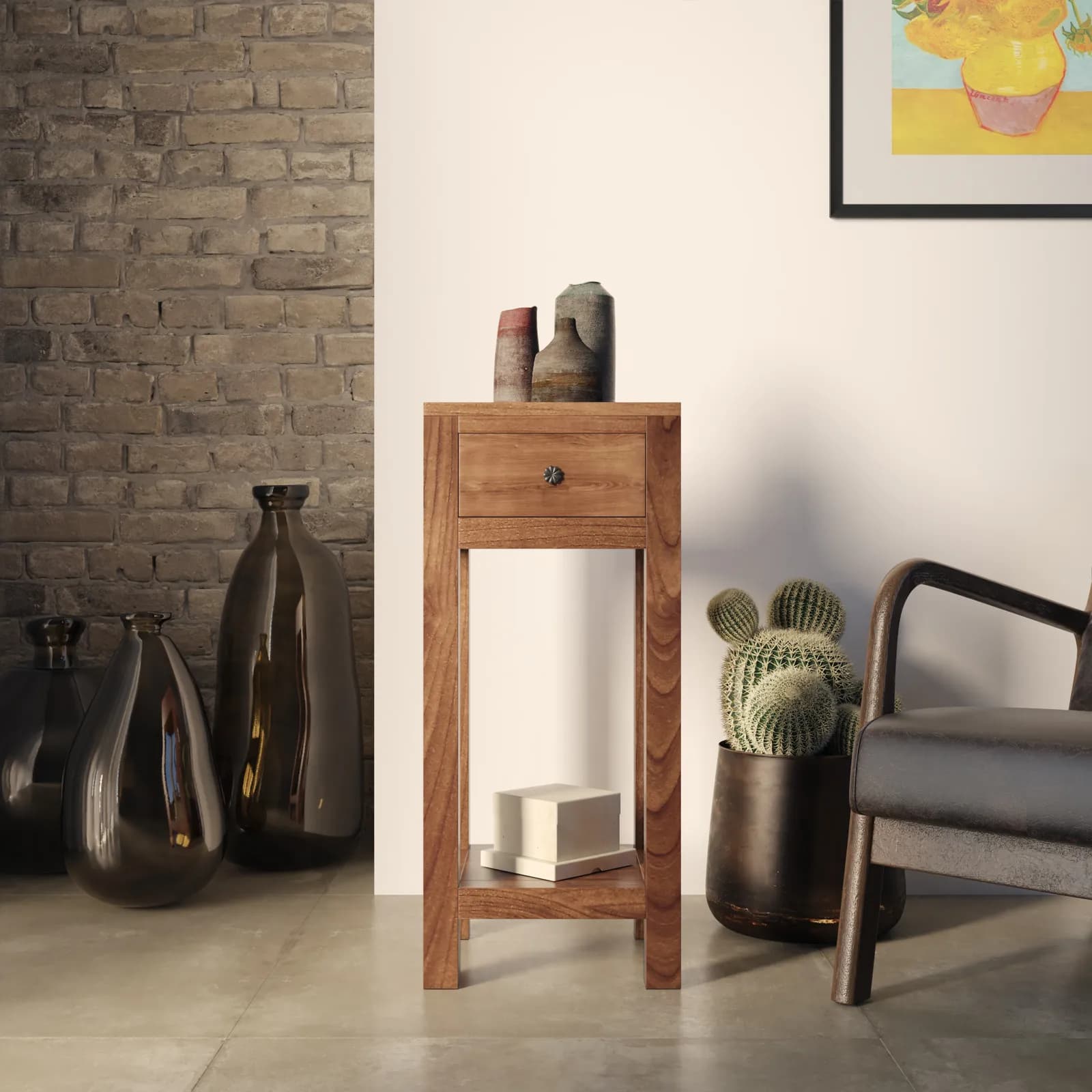 Tavolino alto 33x75h cm in legno di acacia con cassetto - Freia Stone