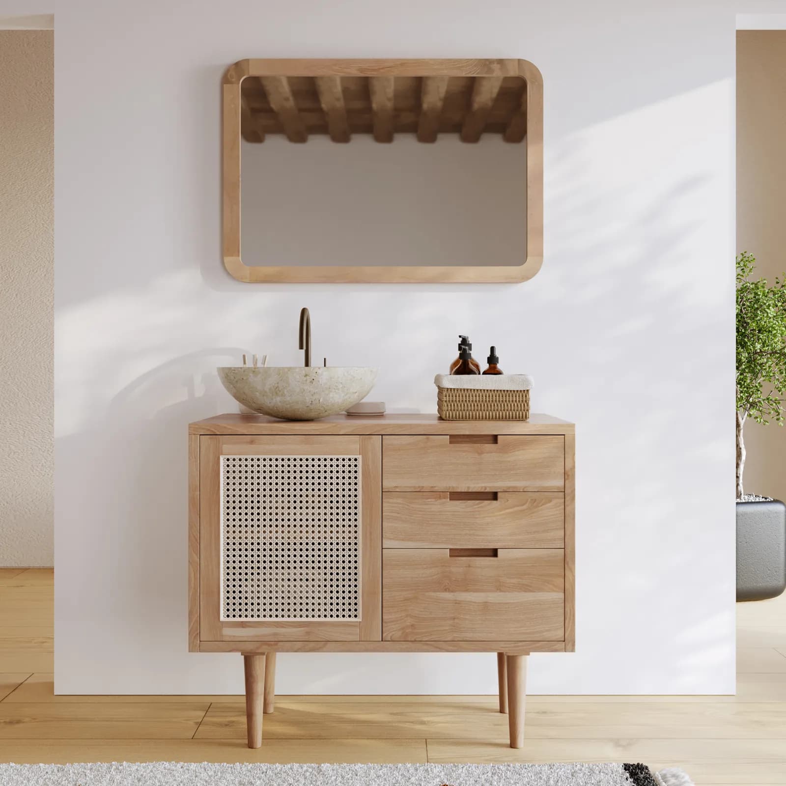 Mobile bagno portalavabo 85 cm con anta e 3 cassetti in teak naturale e paglia di vienna - Malindi