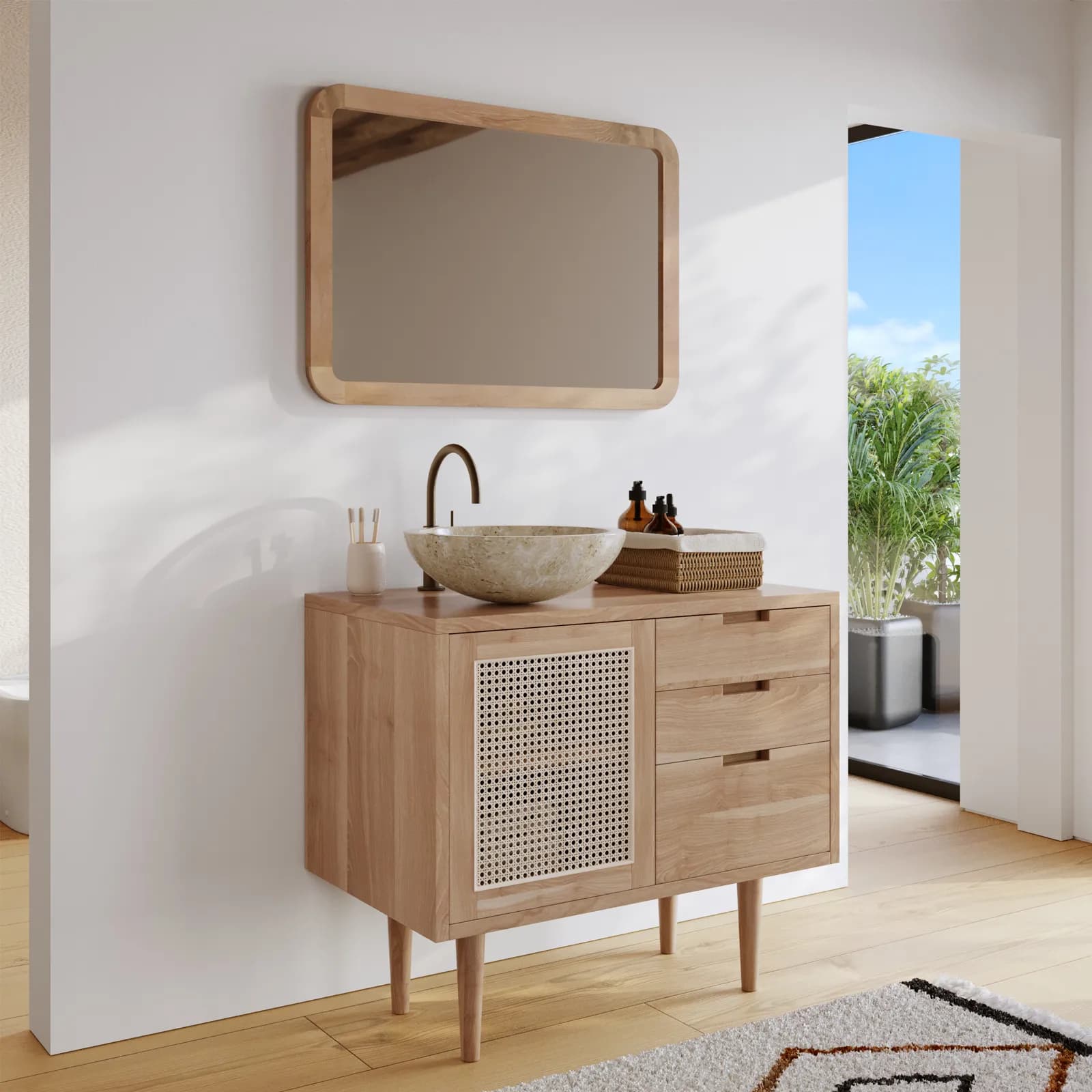 Mobile bagno portalavabo 85 cm con anta e 3 cassetti in teak naturale e paglia di vienna - Malindi