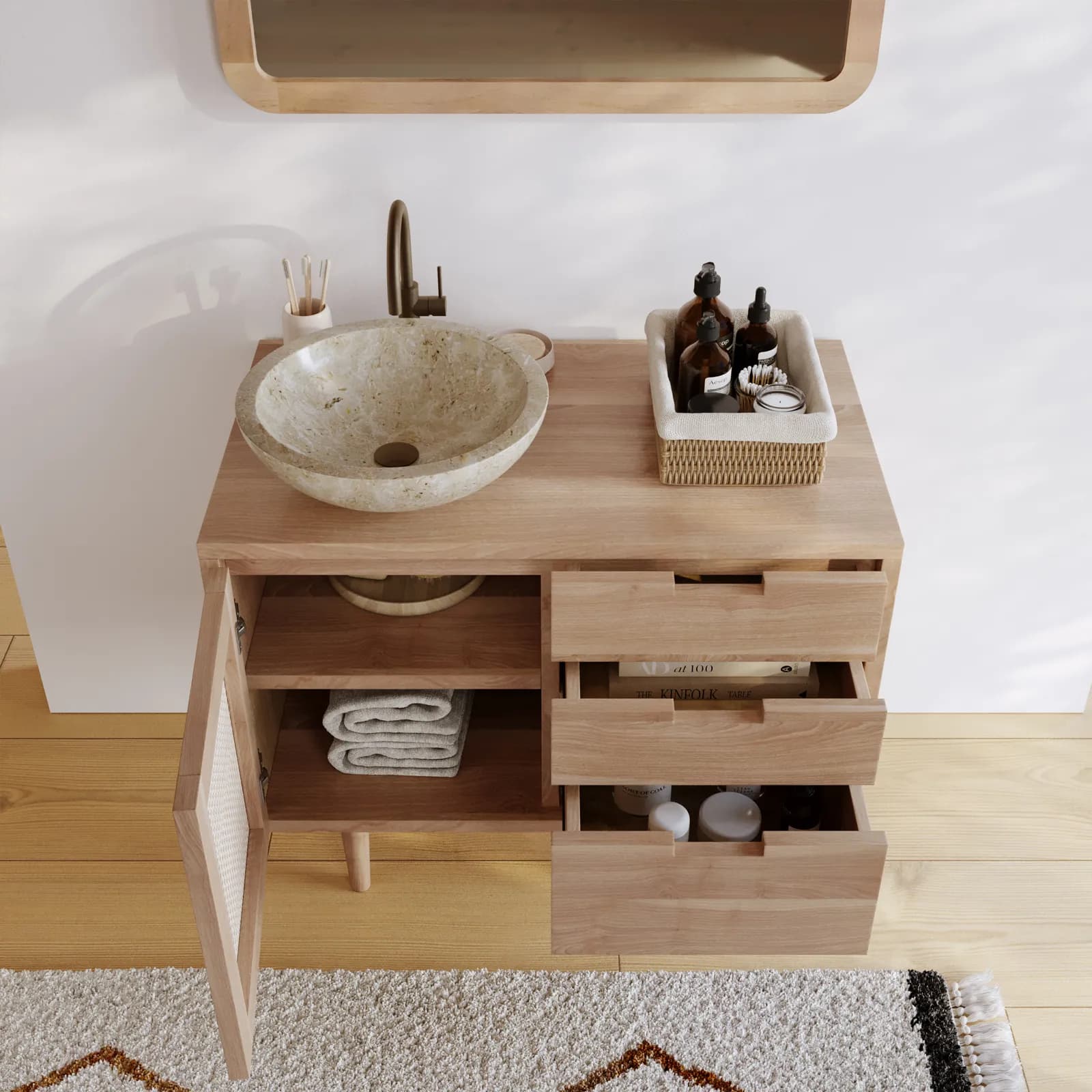 Mobile bagno portalavabo 85 cm con anta e 3 cassetti in teak naturale e paglia di vienna - Malindi