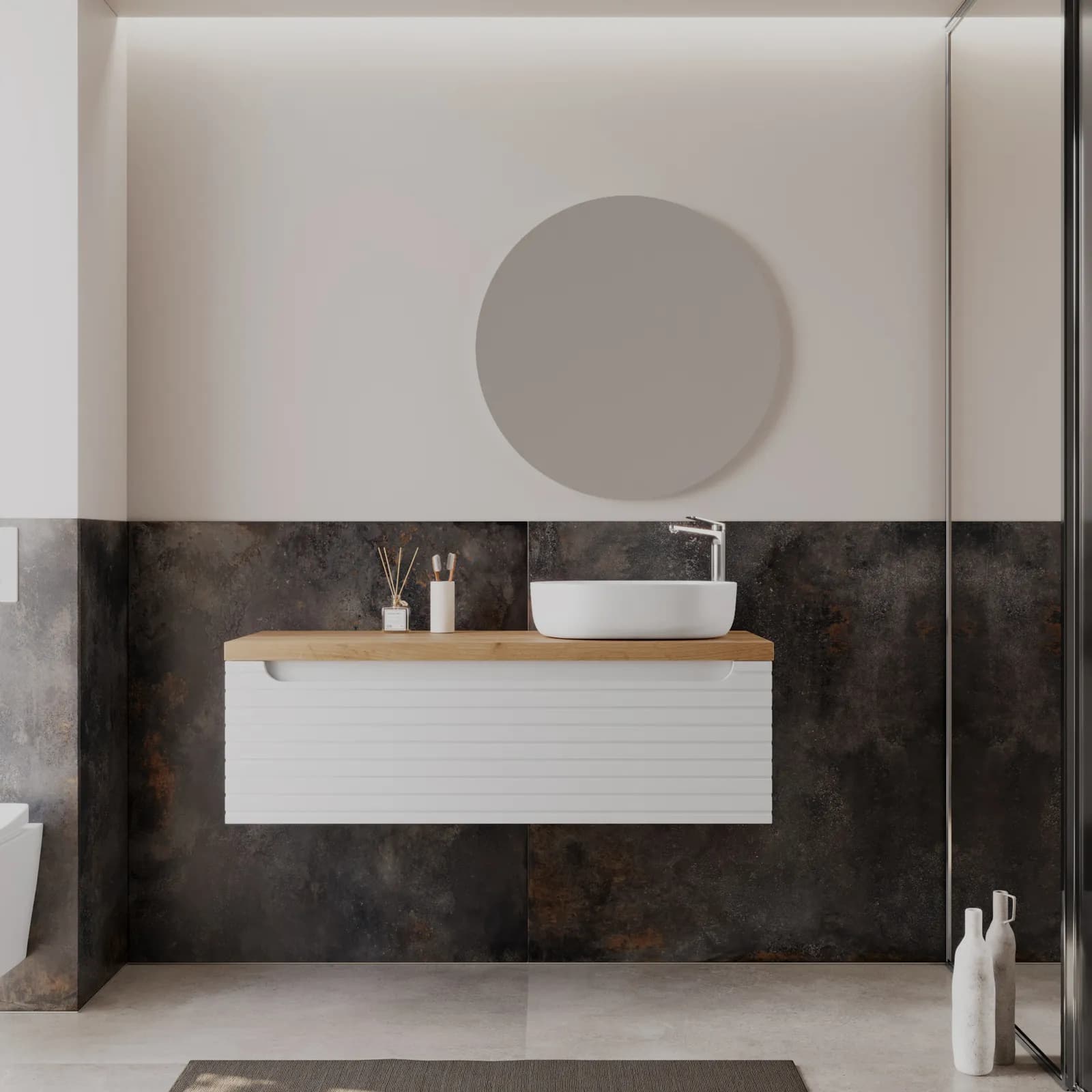 Mobile bagno portalavabo dx 120 cm bianco opaco cannettato con top 3,8 h rovere gold - Deck