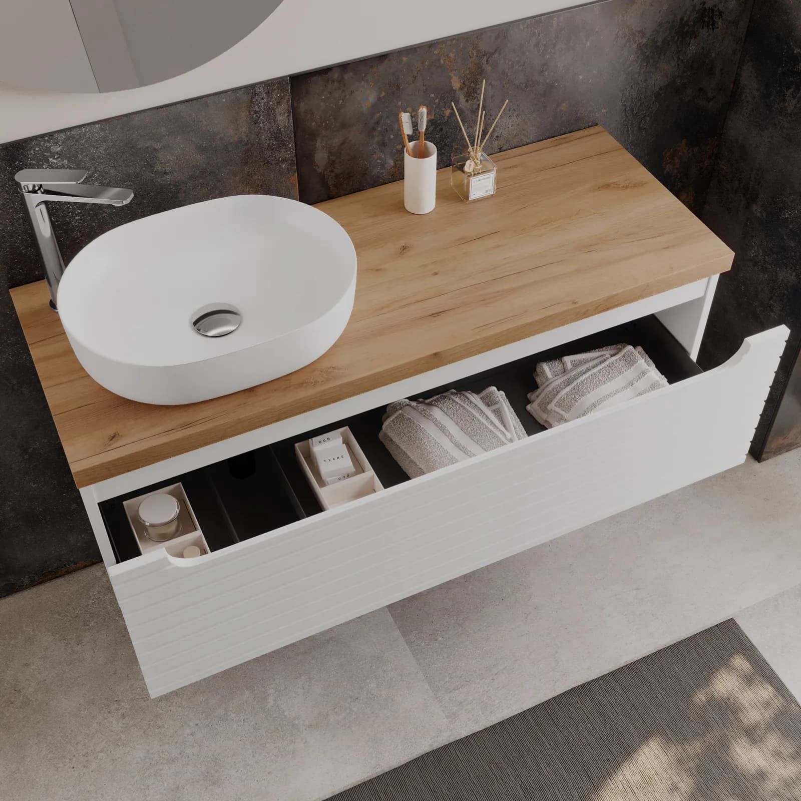 Mobile bagno portalavabo sx 120 cm bianco opaco con top 3,8 h rovere gold - Deck
