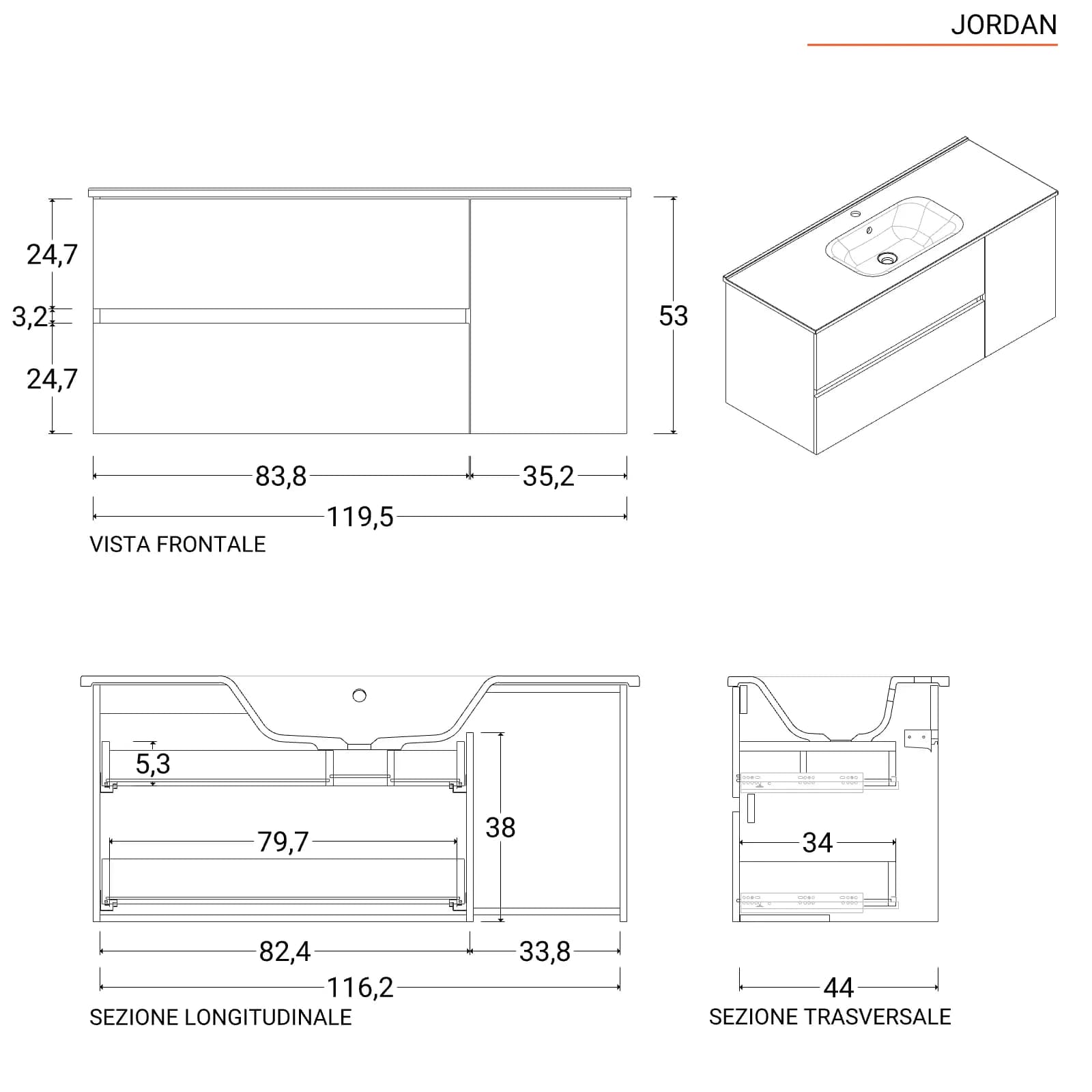 Mobile bagno sospeso 120 cm con cassetti rovere deciso - Jordan
