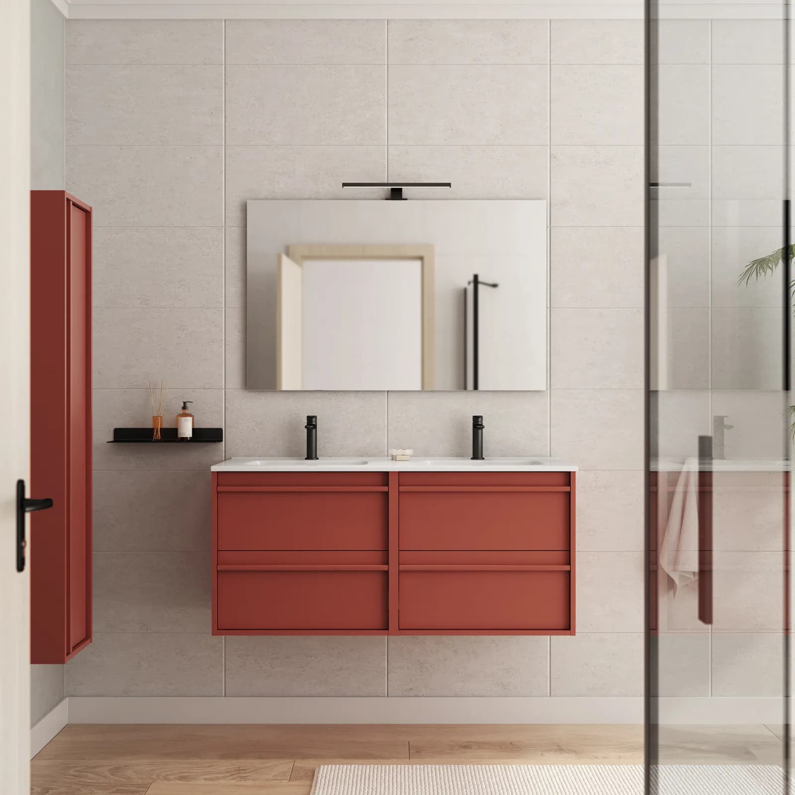 Mobile bagno sospeso 120 cm red satinato con lavabo doppio e specchio - Maestro