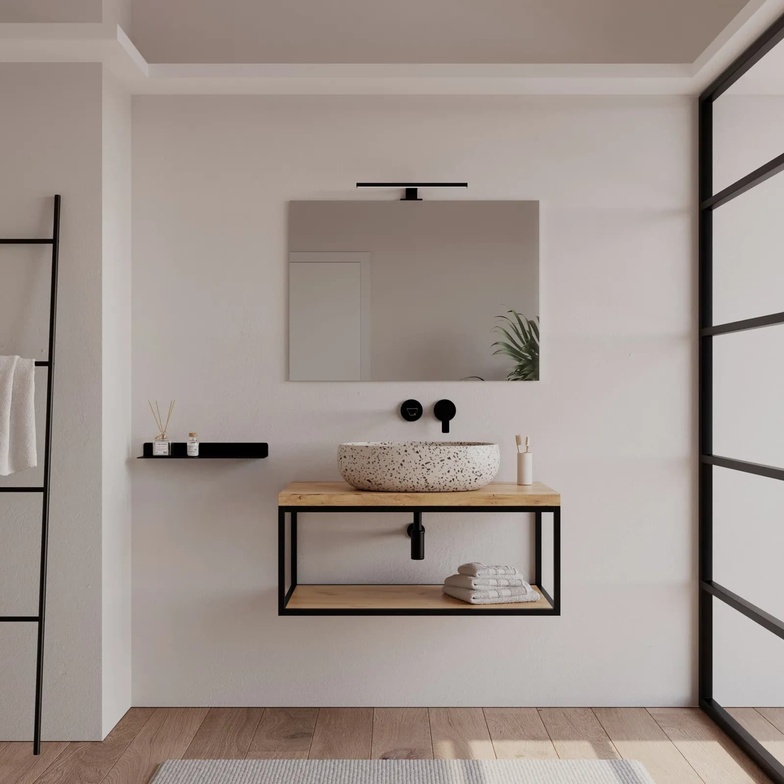 Mobile bagno sospeso portalavabo 90 cm nero e rovere con top - Axis