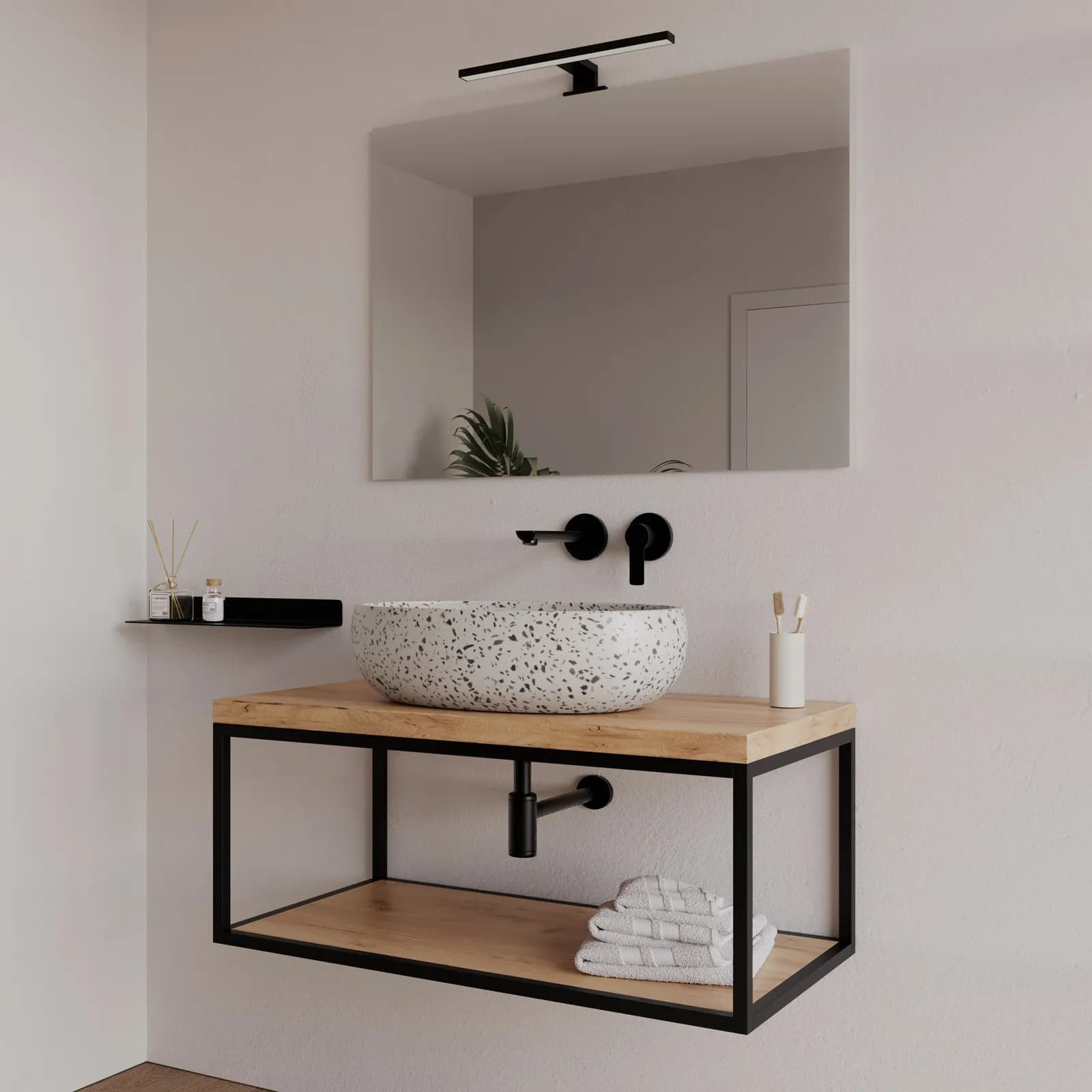Mobile bagno sospeso portalavabo 90 cm nero e rovere con top - Axis