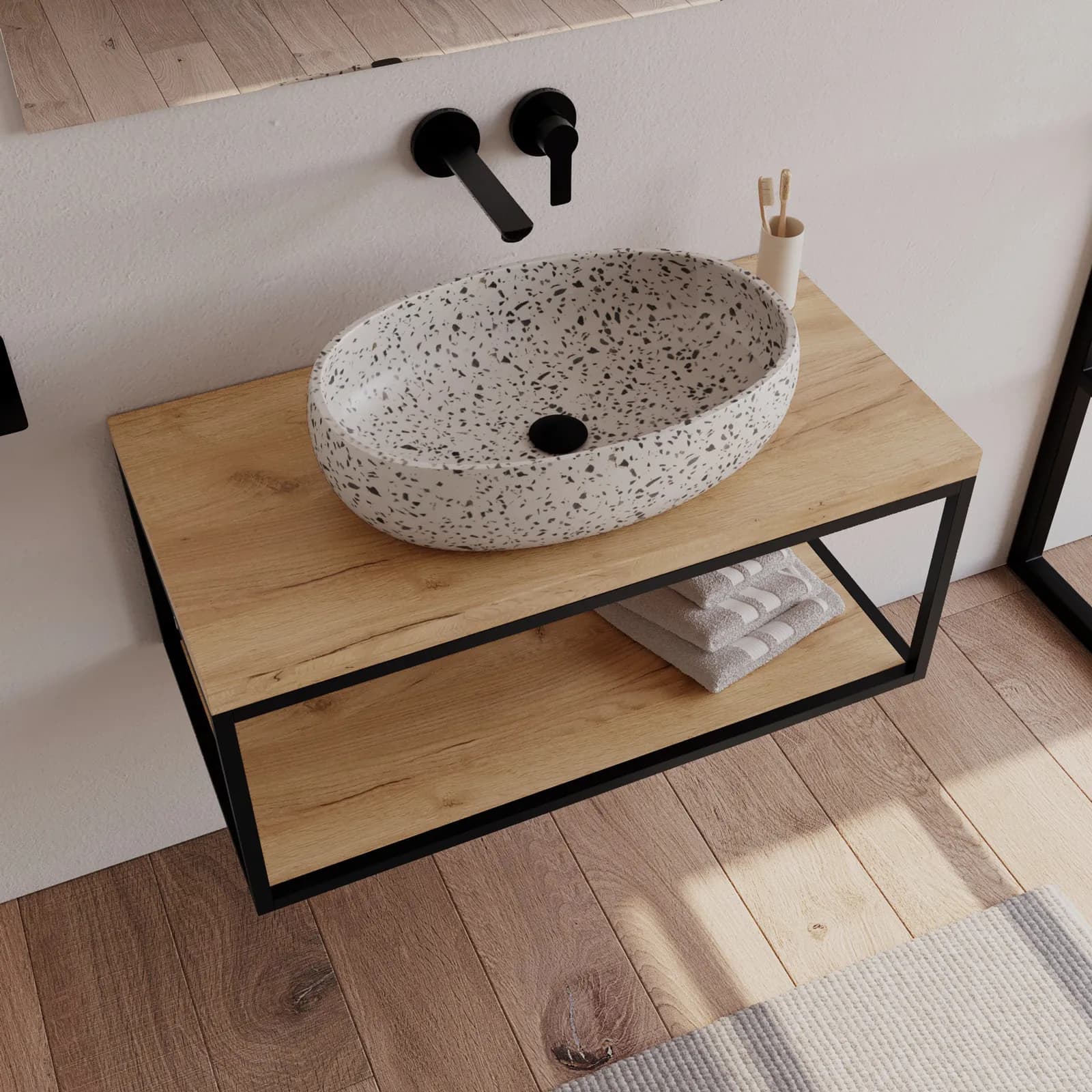 Mobile bagno sospeso portalavabo 90 cm nero e rovere con top - Axis