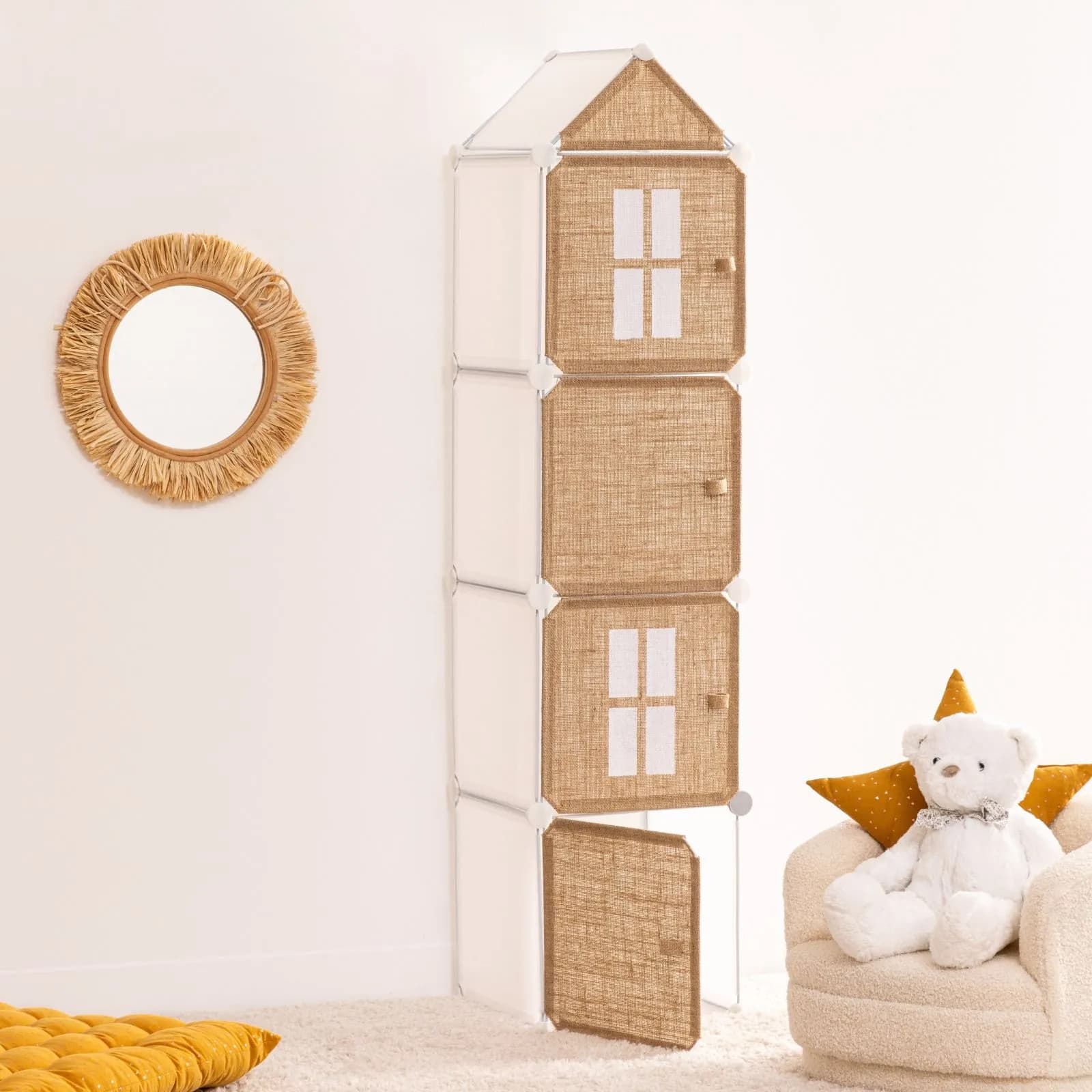 Mobile contenitore 34x139h cm in acciaio bianco con ante rivestitive in juta naturale - Kids