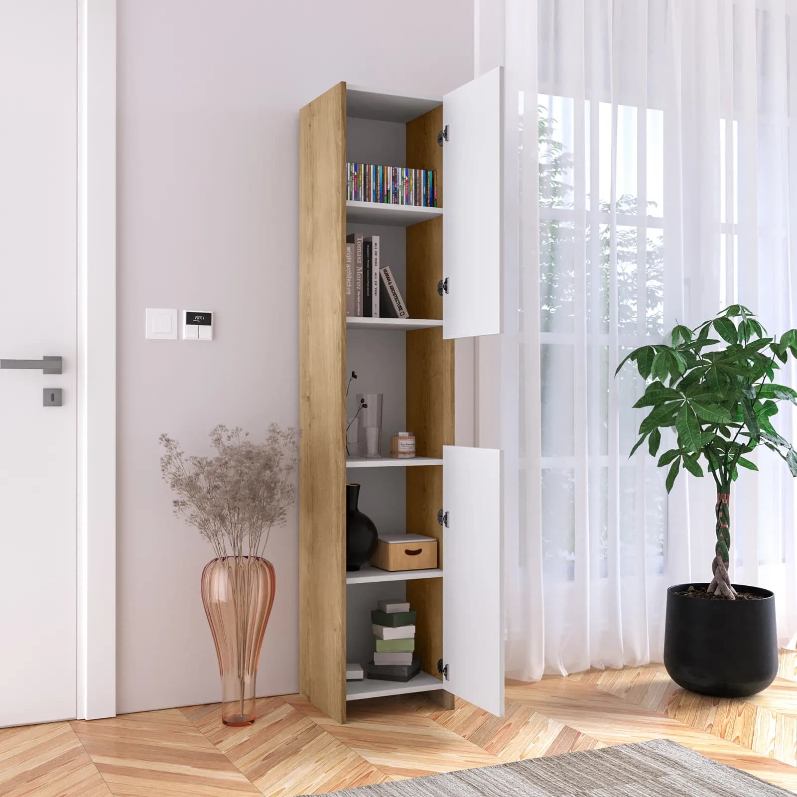 Mobile contenitore 36x180h cm con 2 ante bianco e rovere - Wilem