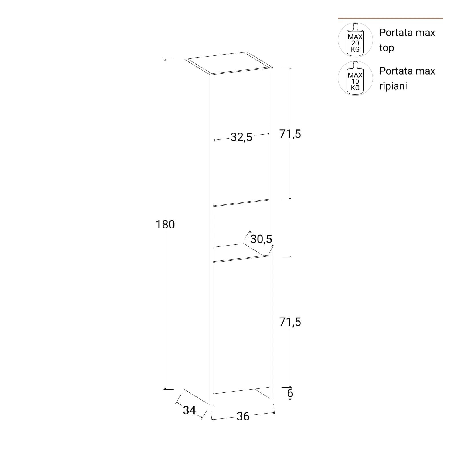 Mobile contenitore 36x180h cm con 2 ante bianco e rovere - Wilem