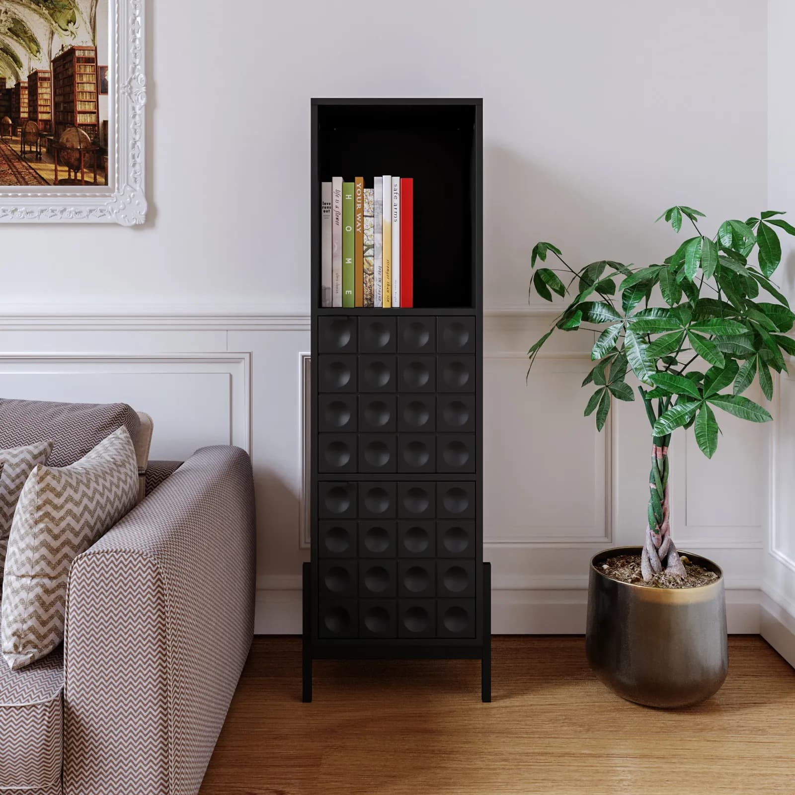 Mobile contenitore 46x153h cm nero con piedi in metallo e 2 ante decorate soft close - Miara