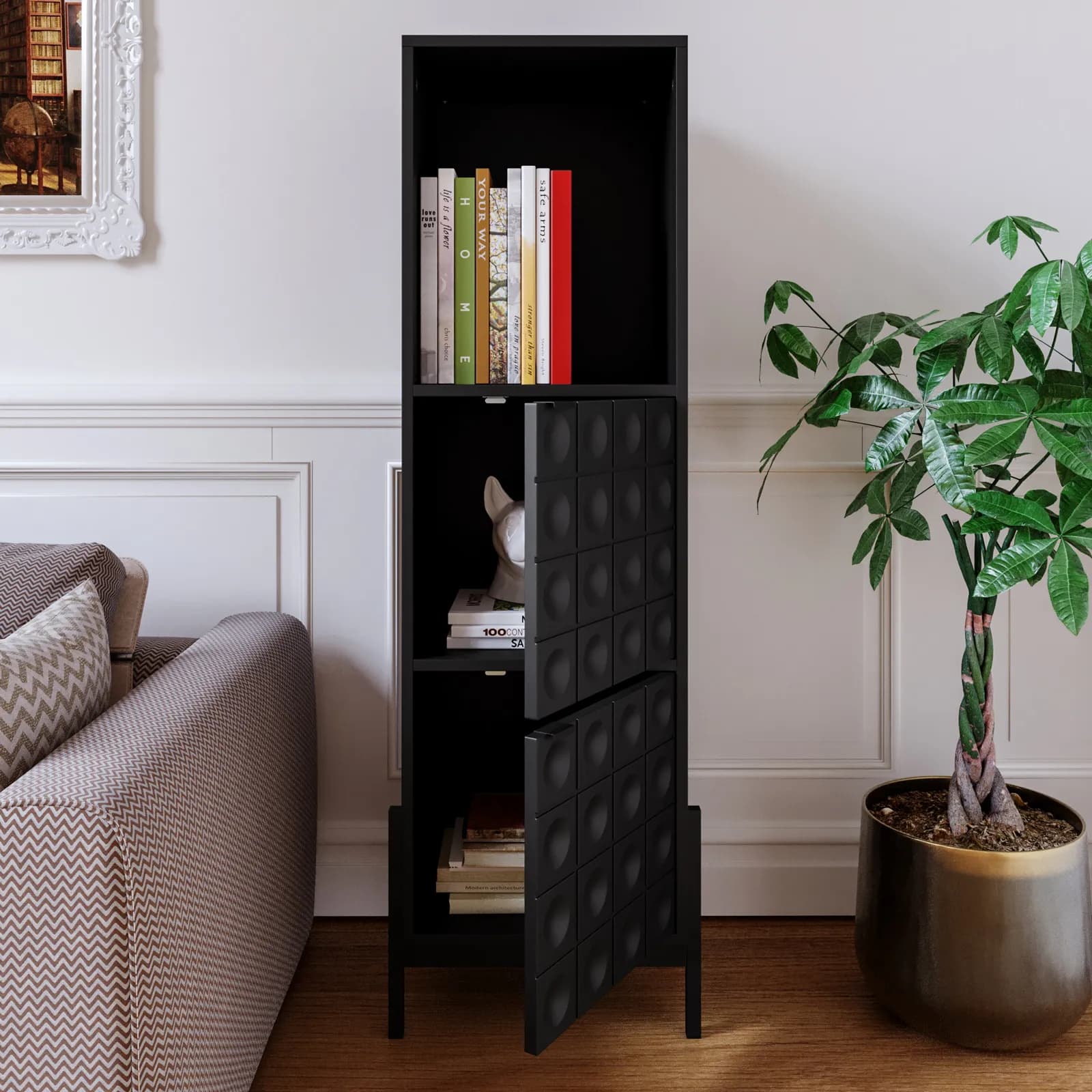 Mobile contenitore 46x153h cm nero con piedi in metallo e 2 ante decorate soft close - Miara