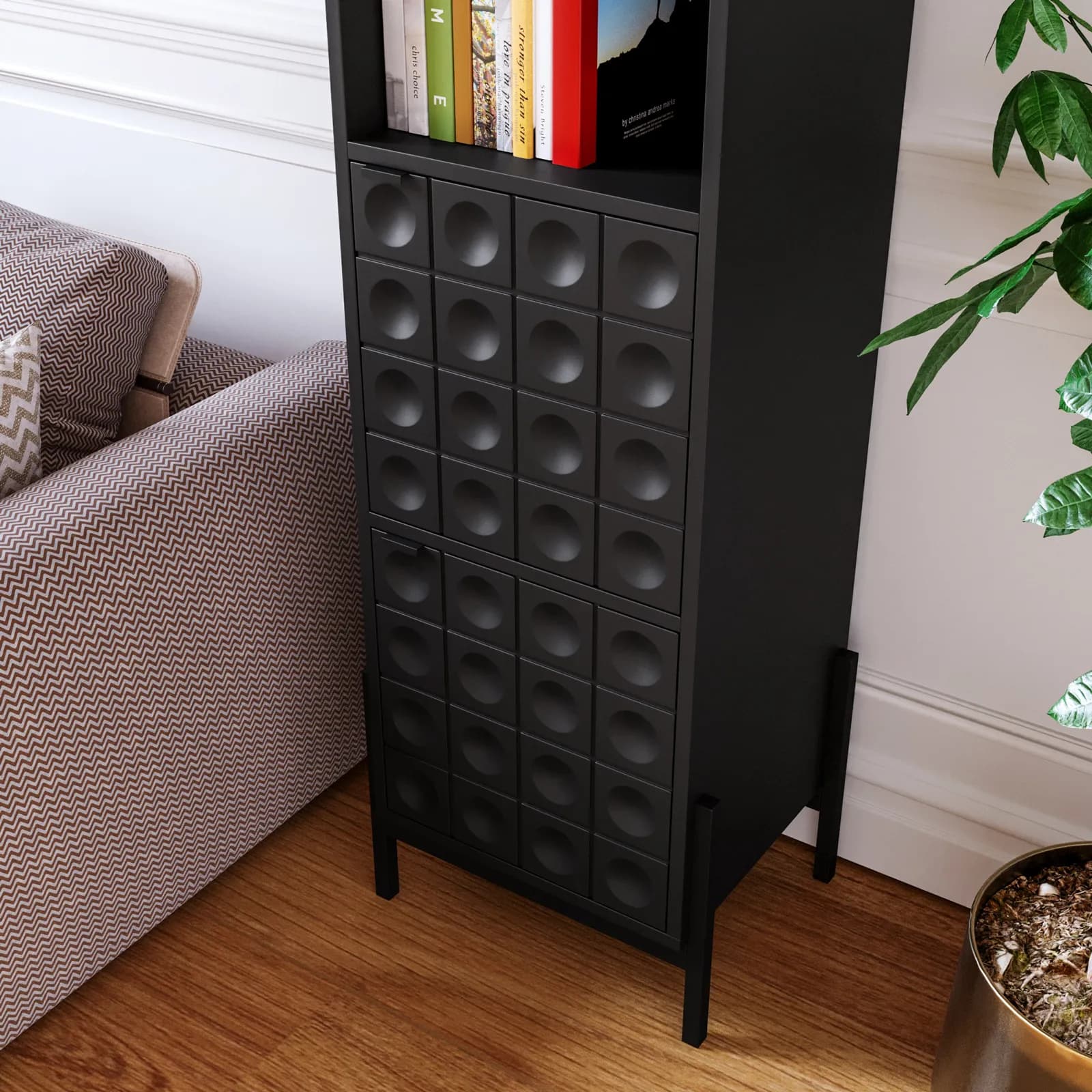 Mobile contenitore 46x153h cm nero con piedi in metallo e 2 ante decorate soft close - Miara