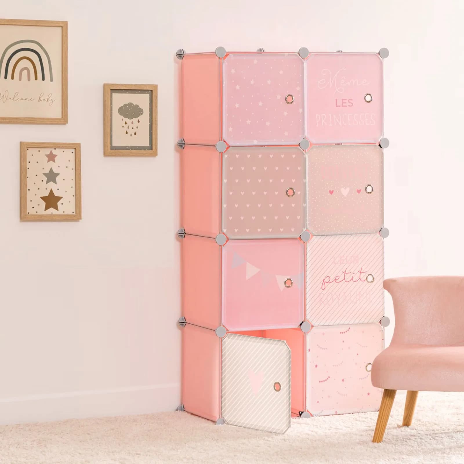 Armadio 65x125h cm rosa e bianco in acciaio e polipropilene con 8 ante - Kids
