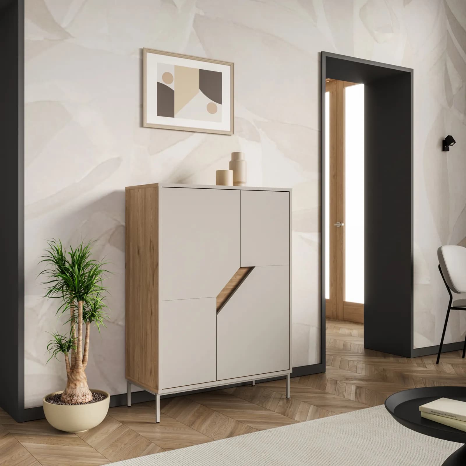 Mobile contenitore 85x120h cm rovere scuro e cashmere con 4 ante - Kavira