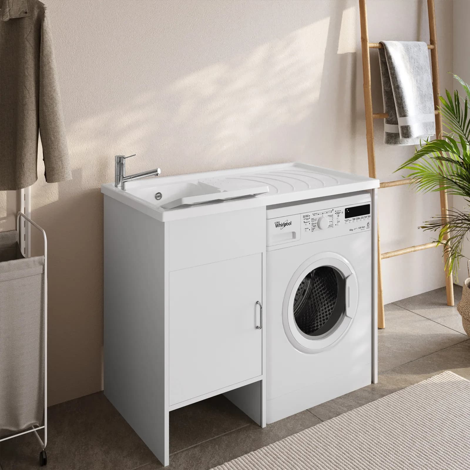 Mobile coprilavatrice 109x60 cm bianco reversibile 1 anta con vasca e strofinatoio - Vix