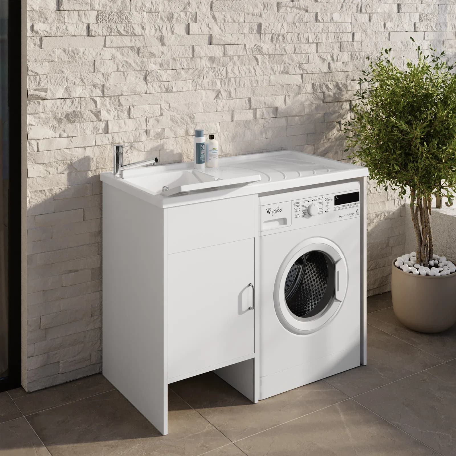 Mobile coprilavatrice 109x60 cm bianco reversibile 1 anta con vasca e strofinatoio - Vix