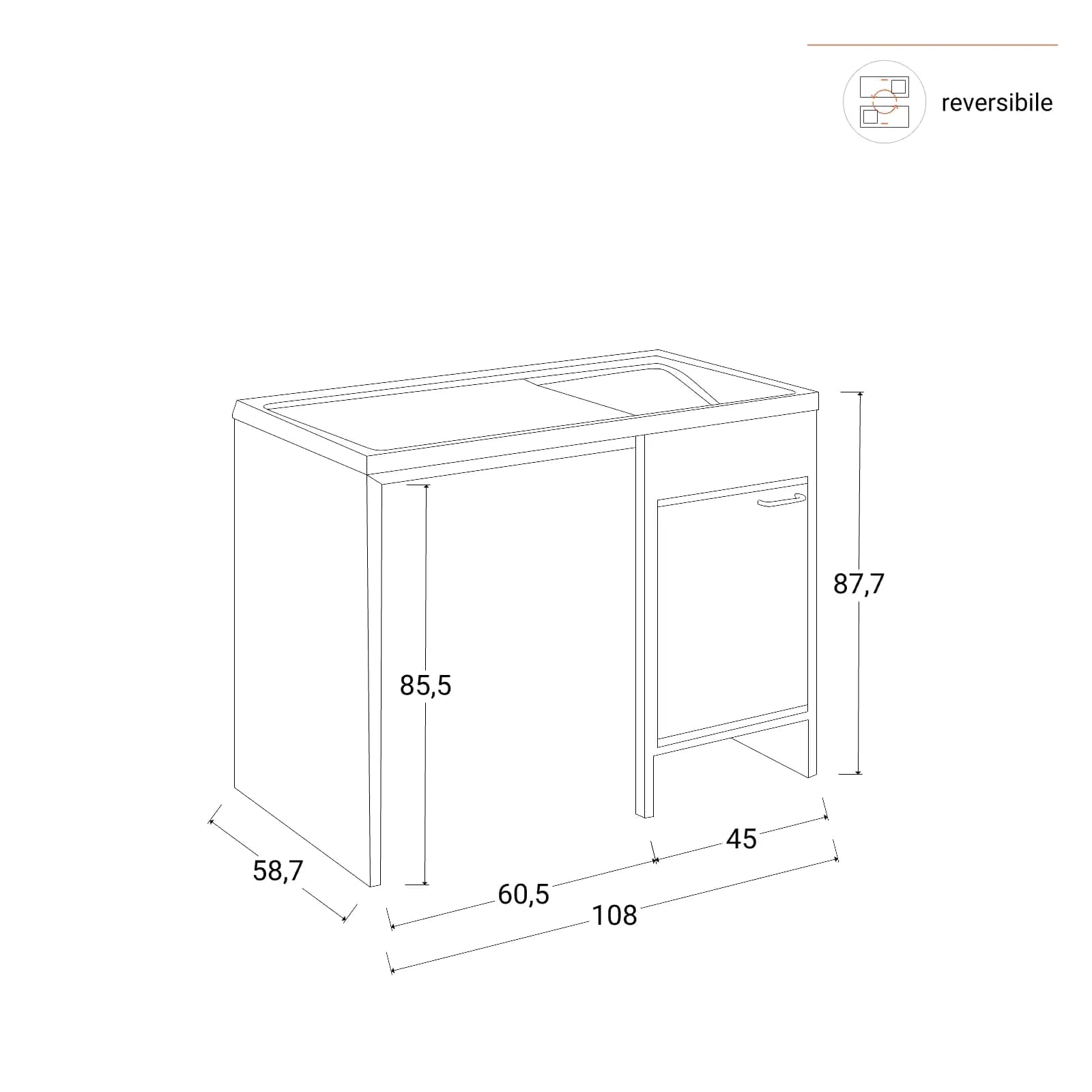Mobile coprilavatrice 109x60 cm bianco reversibile 1 anta con vasca e strofinatoio - Vix