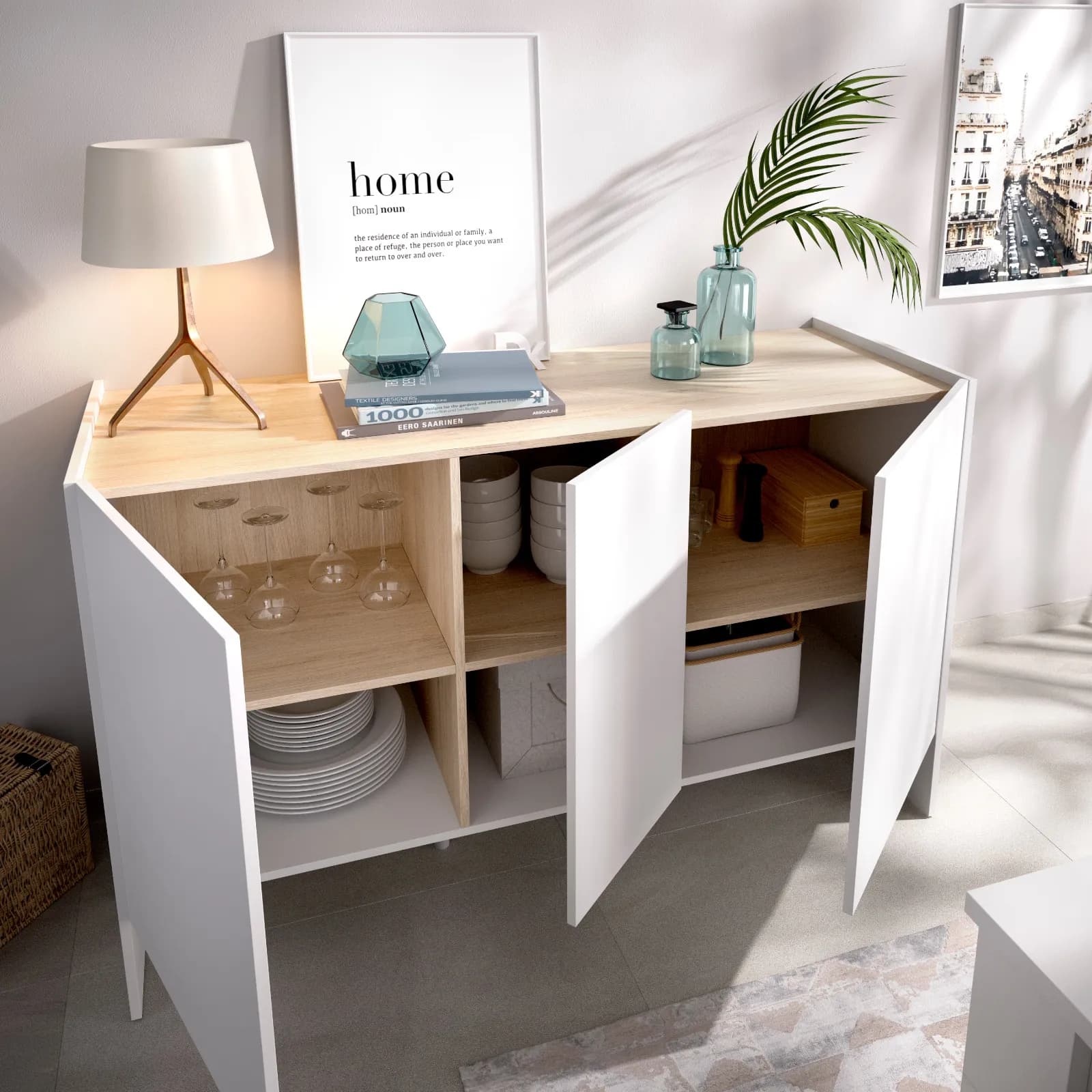 Madia 138x76h cm bianco con top in legno naturale e 3 ante - Hela