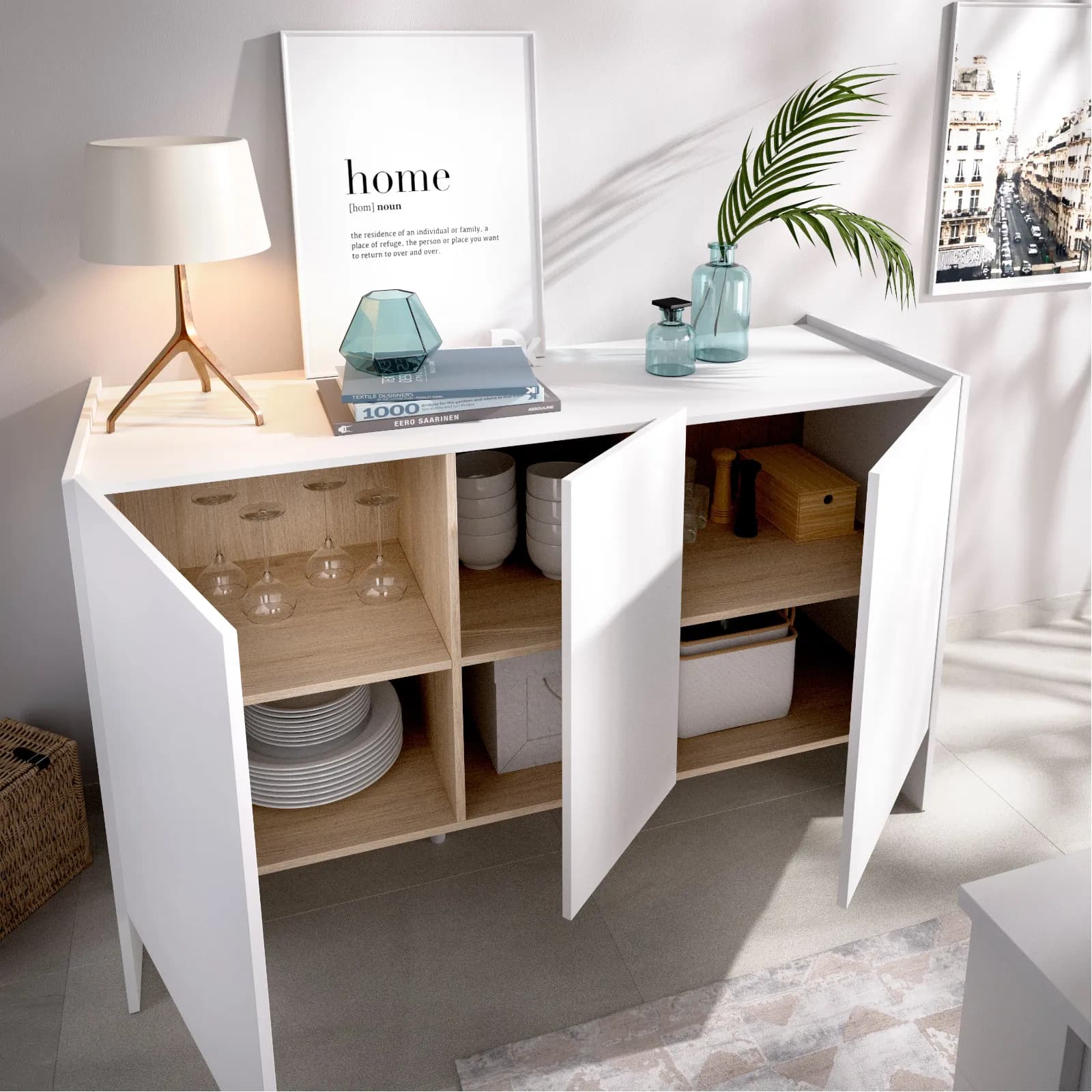 Madia 138x76h cm bianco con 3 ante - Hela