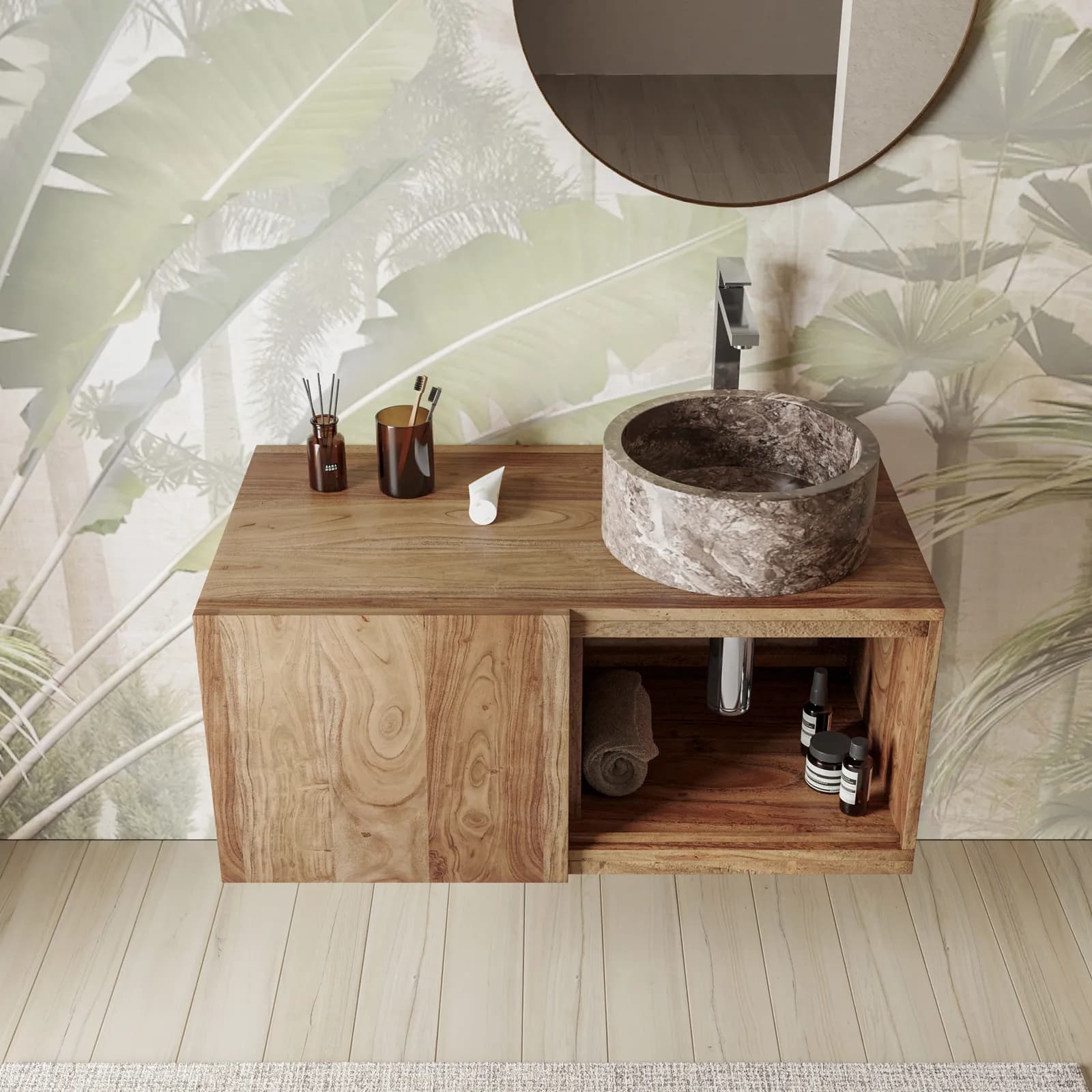 Mobile da bagno sospeso 90 cm con vani a giorno in legno di acacia - Kuna