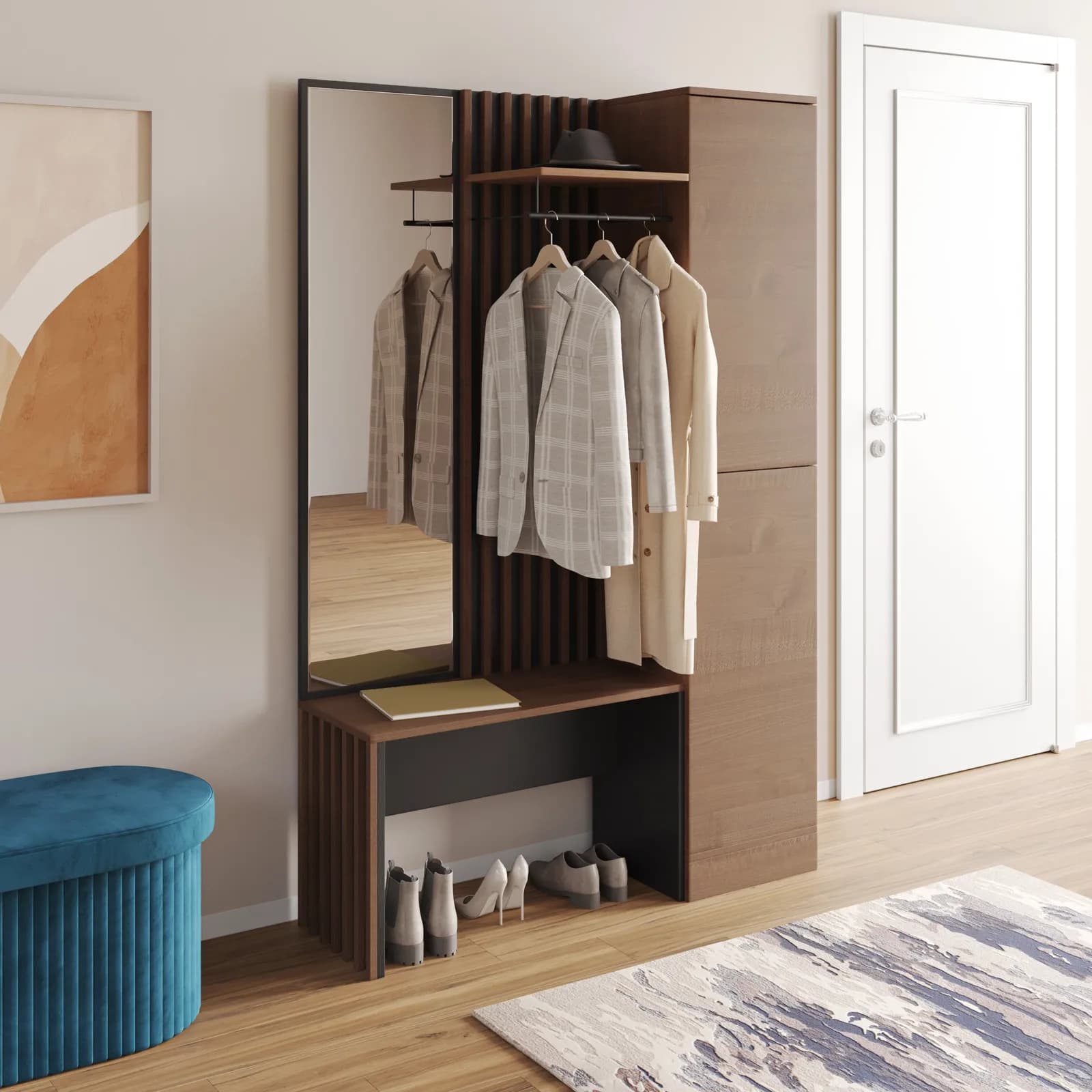 Mobile ingresso reversibile 122x190h cannettato rovere soft e antracite con panca e specchio - Sonnet