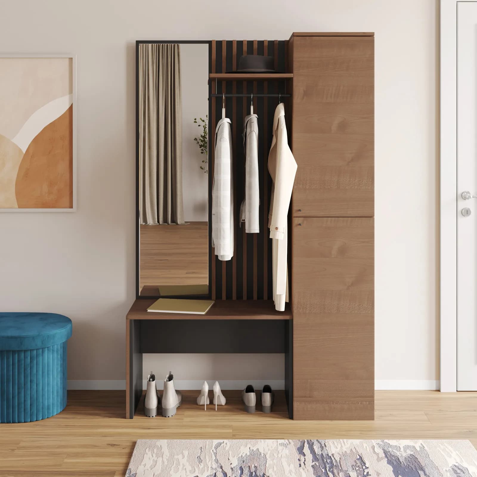 Mobile ingresso reversibile 122x190h cannettato rovere soft e antracite con panca e specchio - Sonnet