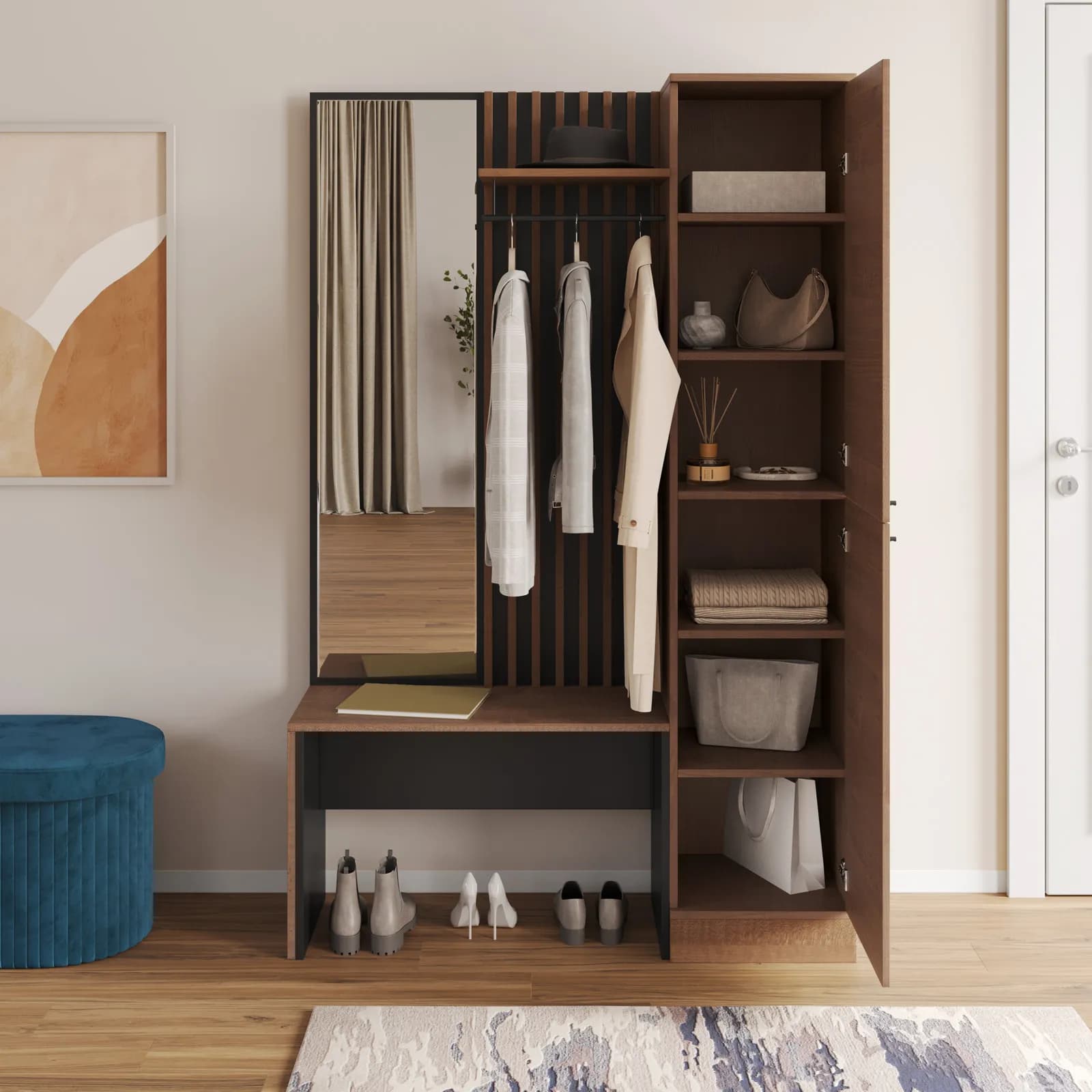 Mobile ingresso reversibile 122x190h cannettato rovere soft e antracite con panca e specchio - Sonnet
