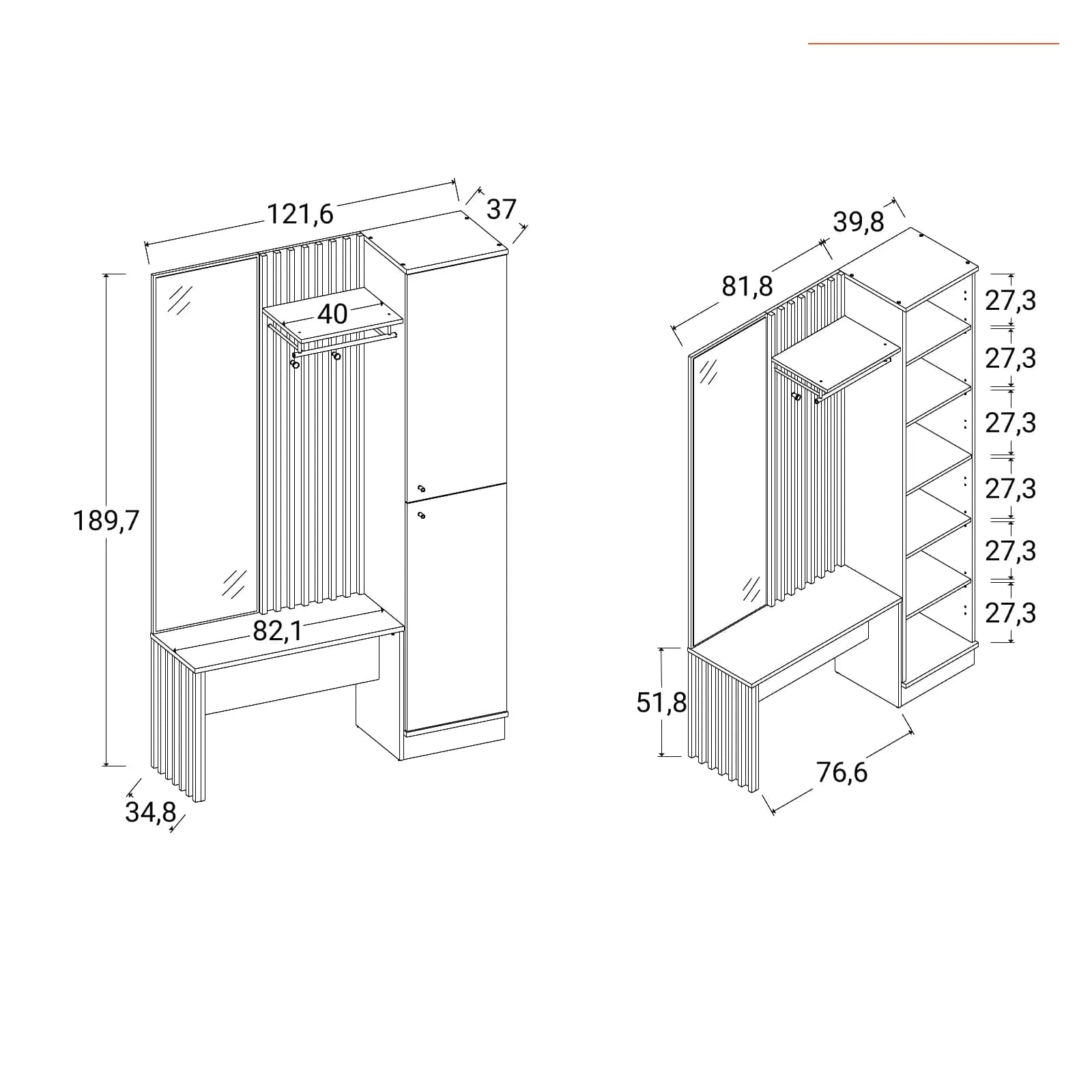 Mobile ingresso reversibile 122x190h cannettato rovere soft e antracite con panca e specchio - Sonnet
