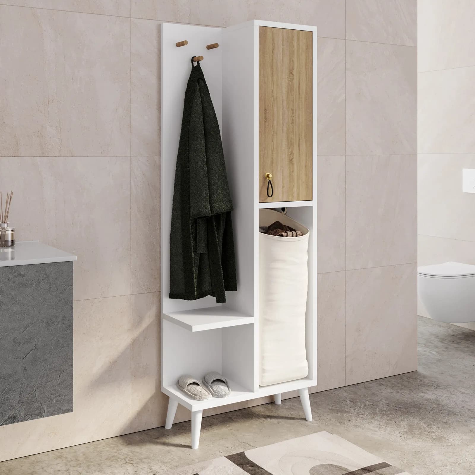 Armadio multifunzione 64x178h cm in legno bianco e rovere - Eiden