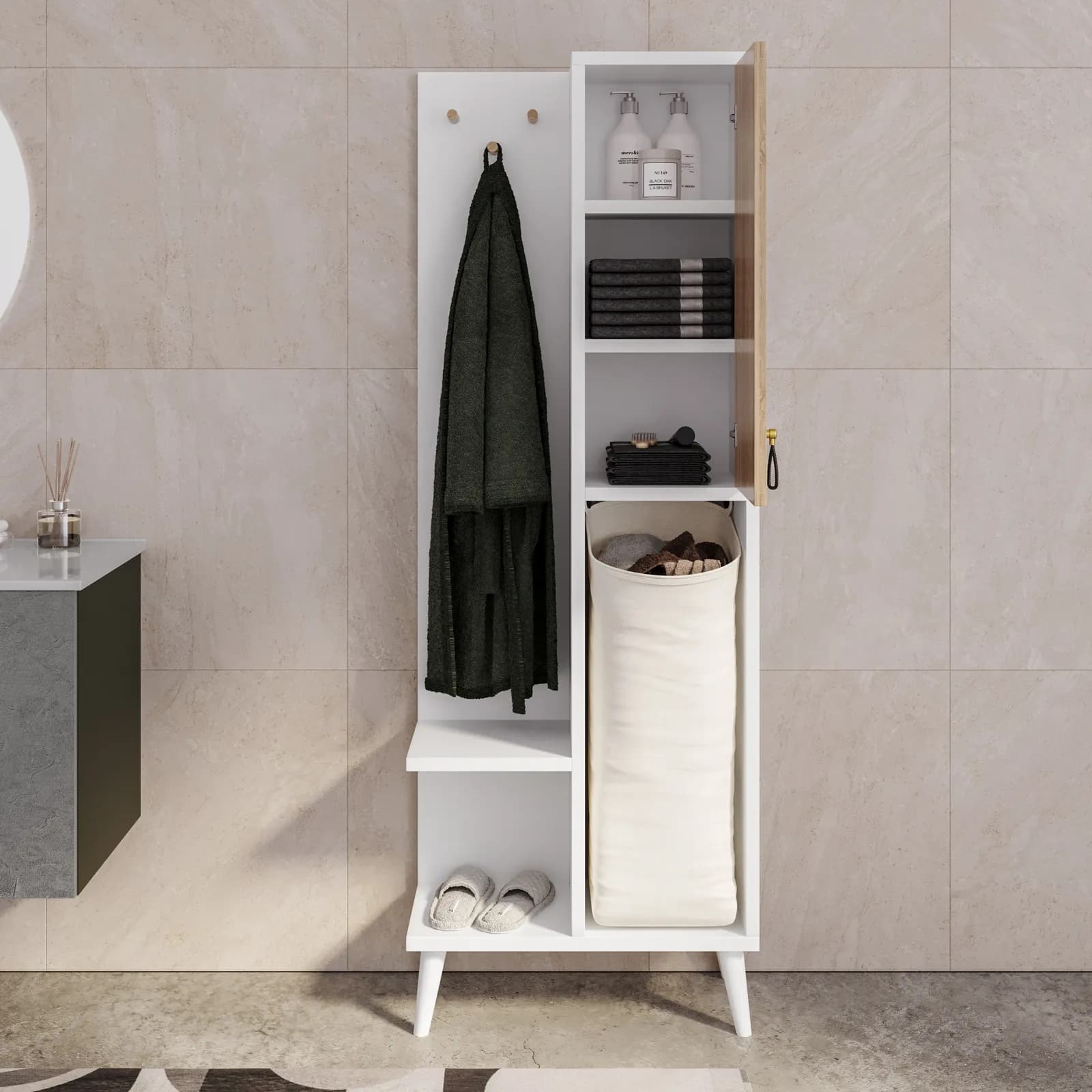Armadio multifunzione 64x178h cm in legno bianco e rovere - Eiden