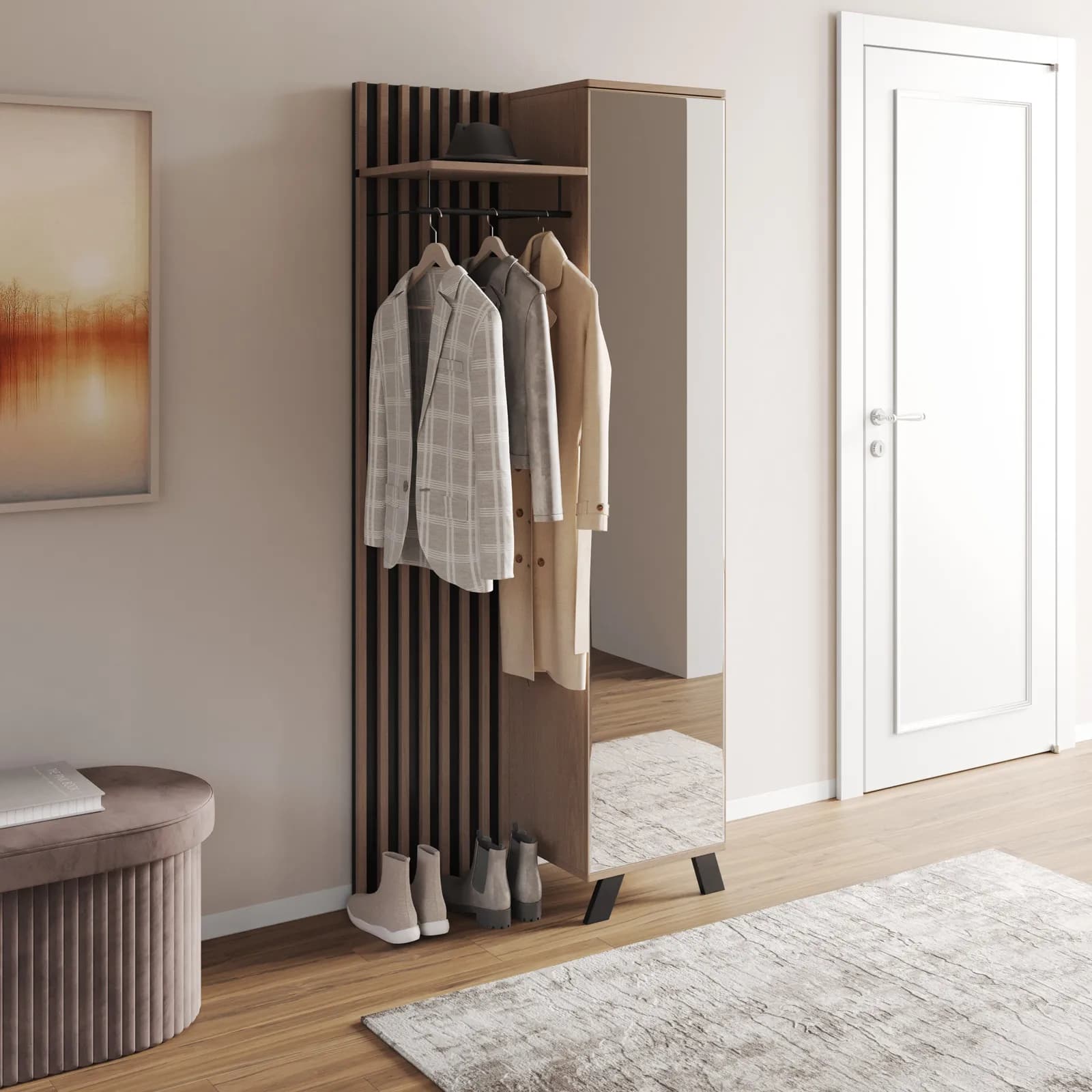 Mobile ingresso reversibile 80x190h cannettato rovere soft e antracite con anta specchiata e appendiabiti - Sonnet