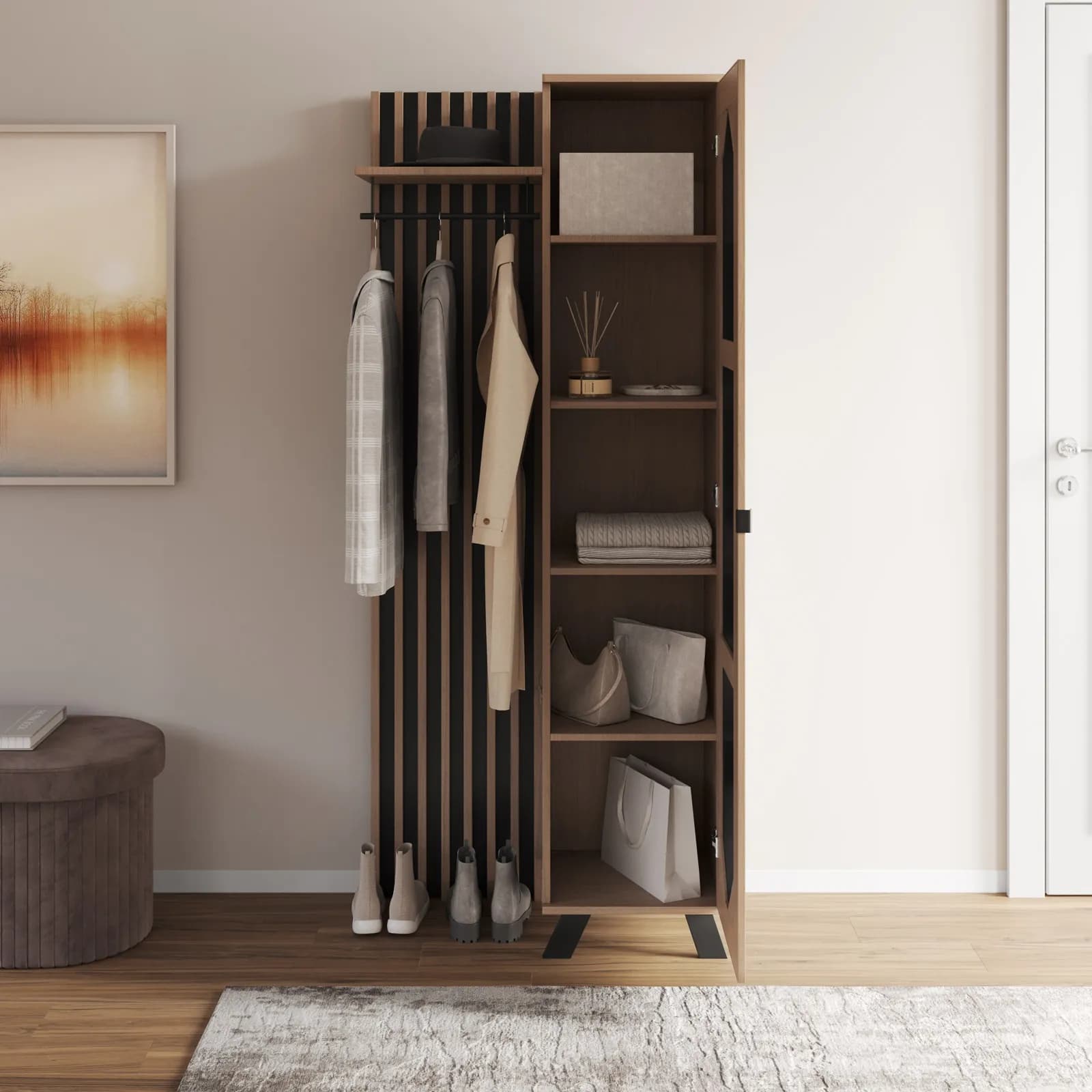 Mobile ingresso reversibile 80x190h cannettato rovere soft e antracite con anta specchiata e appendiabiti - Sonnet