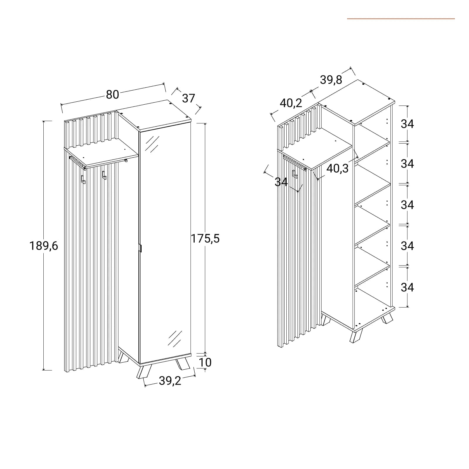 Mobile ingresso reversibile 80x190h cannettato rovere soft e antracite con anta specchiata e appendiabiti - Sonnet
