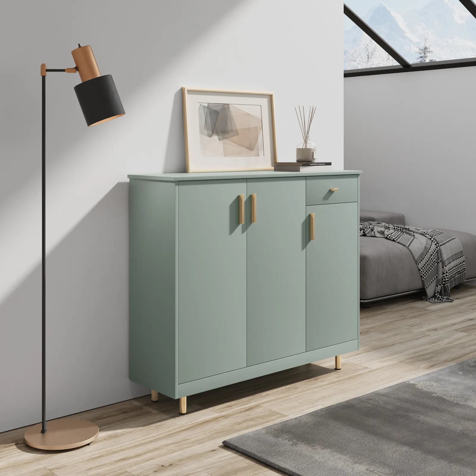 Mobile multiuso 100x100h cm in legno verde con maniglie e piedi in metallo oro - Dades