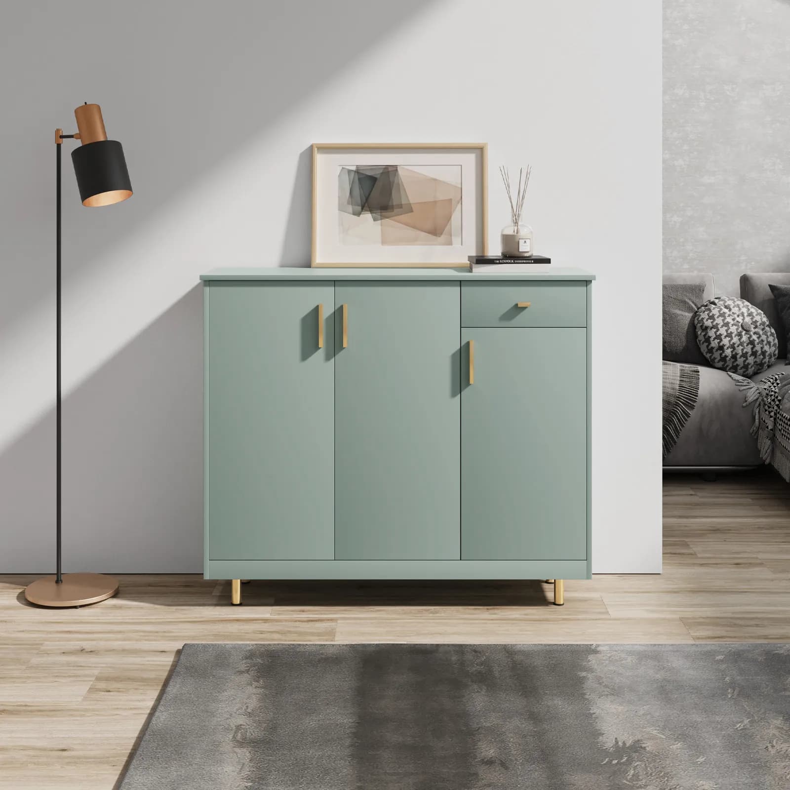 Mobile multiuso 100x100h cm in legno verde con maniglie e piedi in metallo oro - Dades