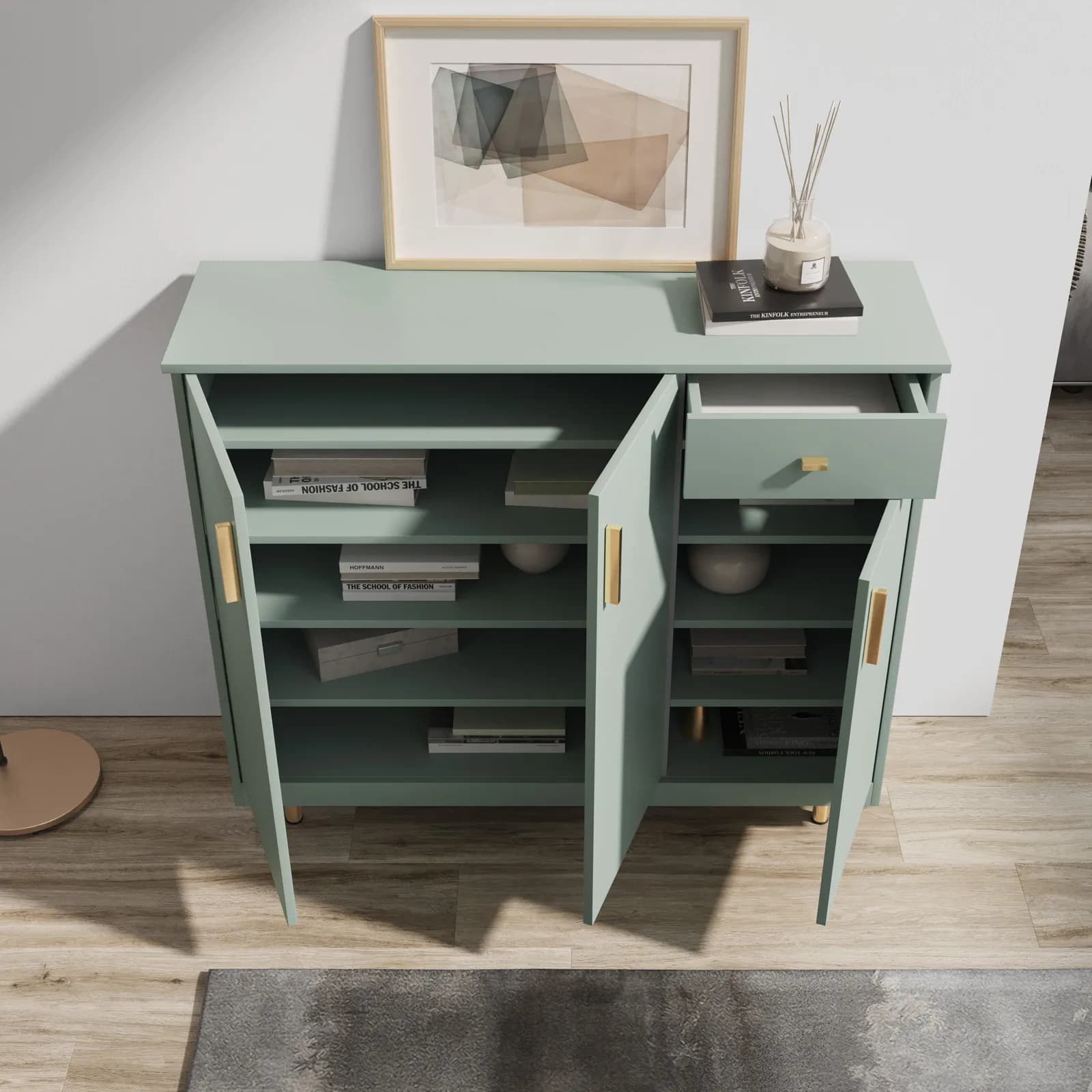 Mobile multiuso 100x100h cm in legno verde con maniglie e piedi in metallo oro - Dades