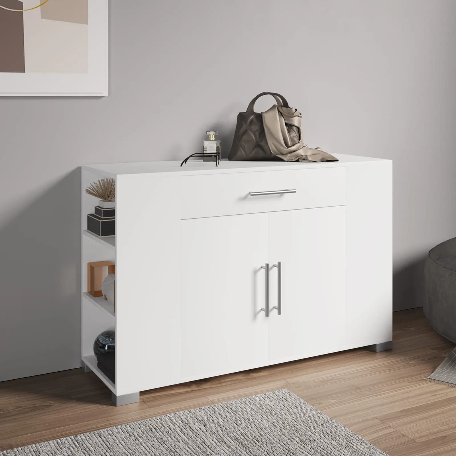 Mobile multiuso 116x76h cm bianco con ante e cassetti frontali e vani laterali - Timoti