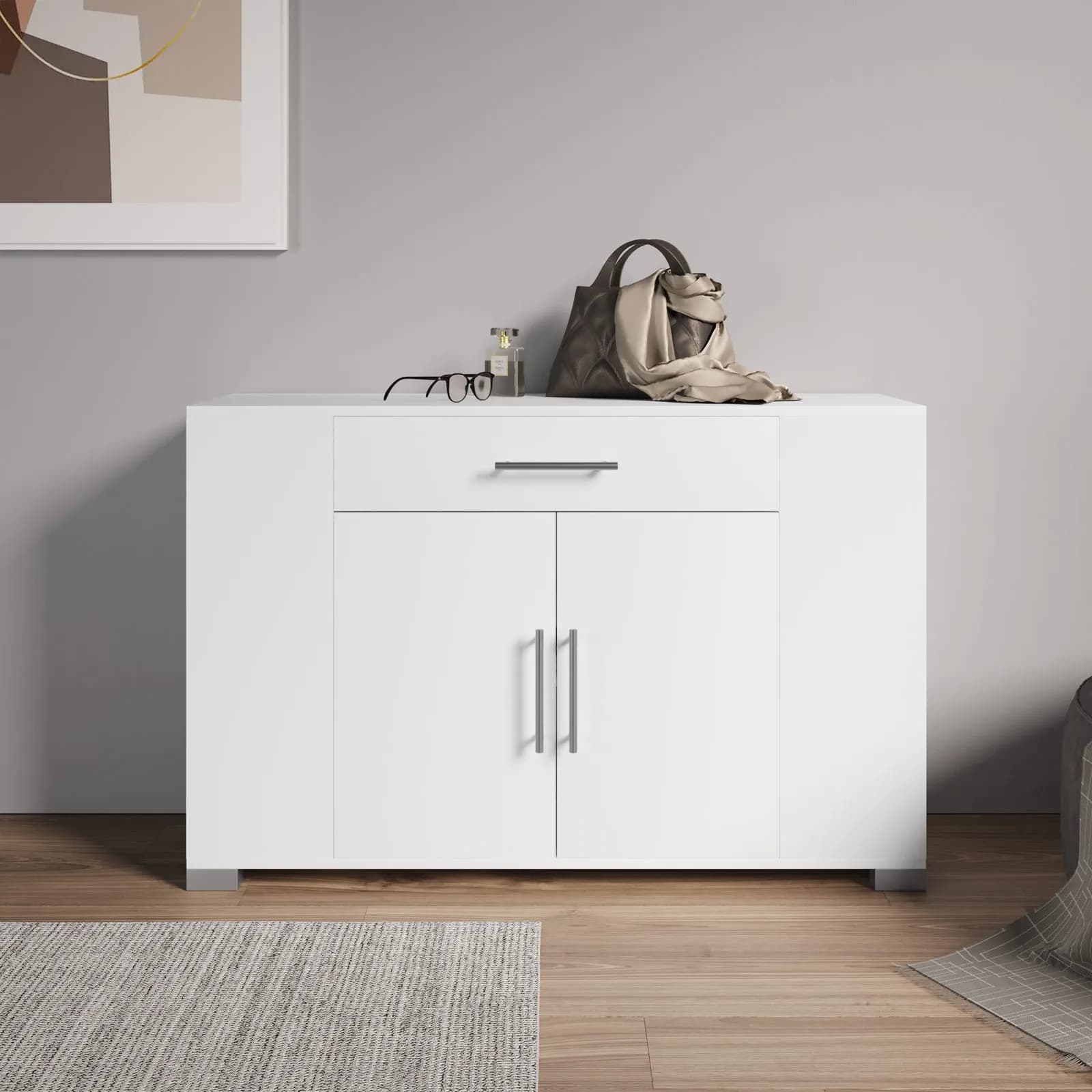 Mobile multiuso 116x76h cm bianco con ante e cassetti frontali e vani laterali - Timoti