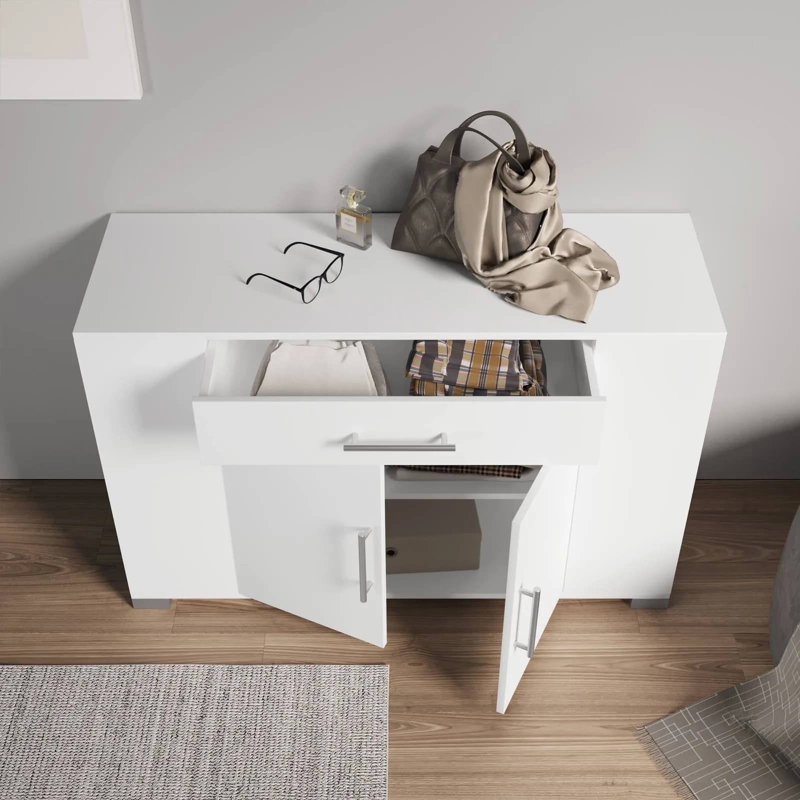 Mobile multiuso 116x76h cm bianco con ante e cassetti frontali e vani laterali - Timoti