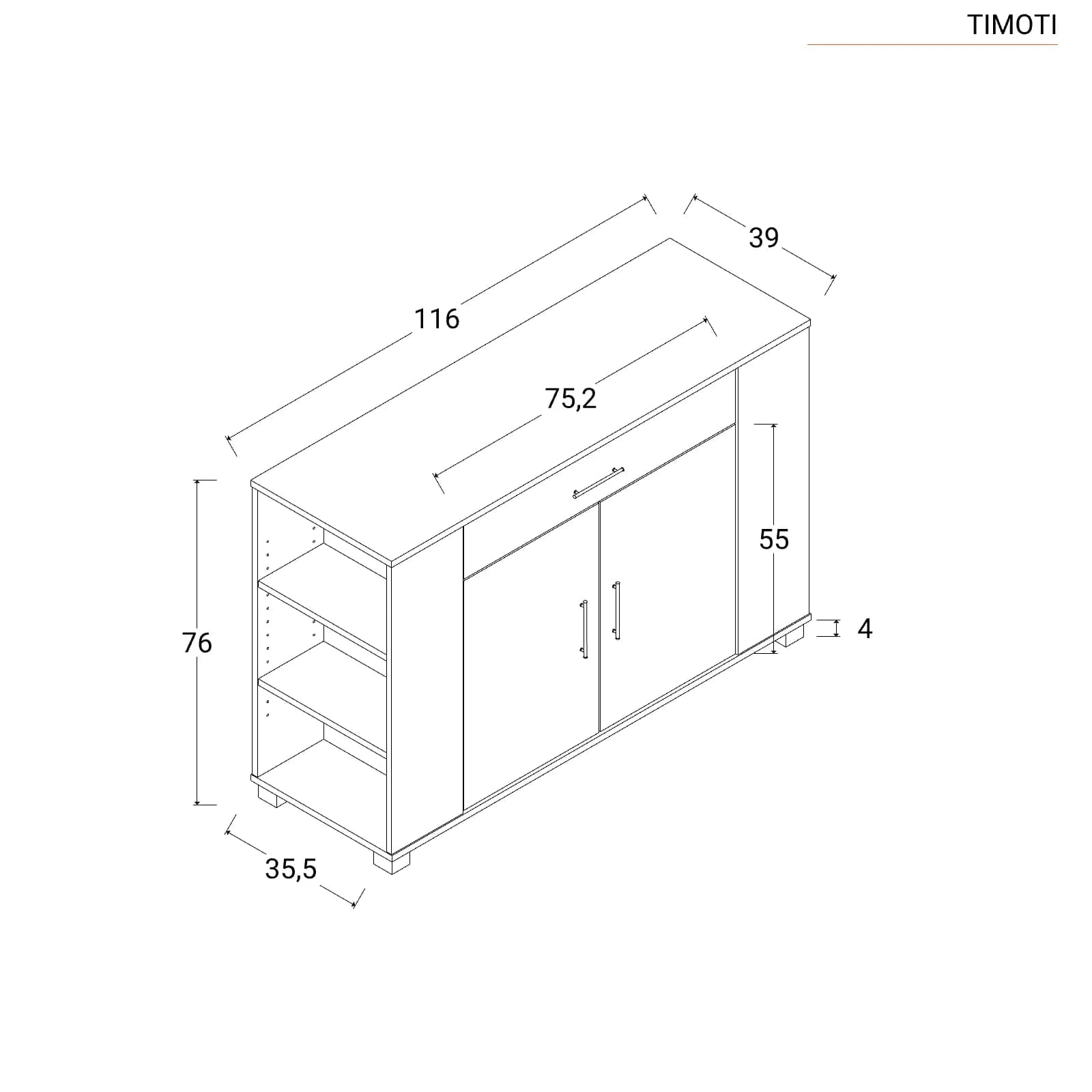 Mobile multiuso 116x76h cm bianco con ante e cassetti frontali e vani laterali - Timoti